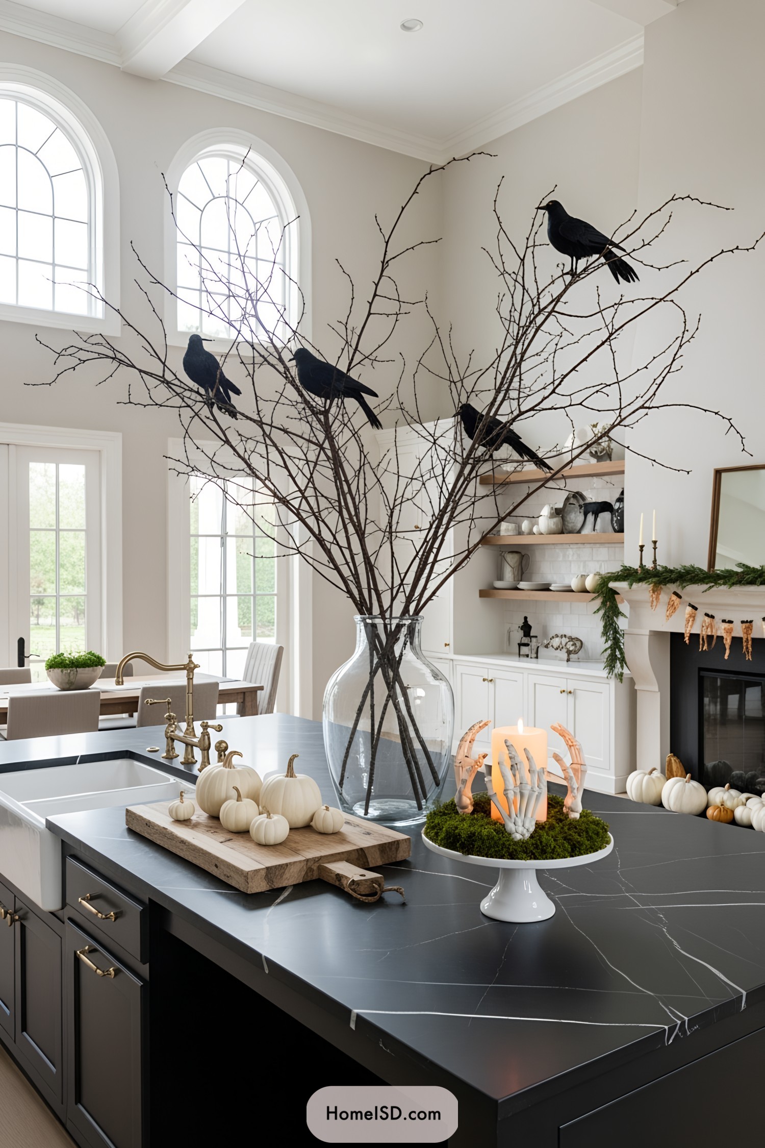 Halloween decorations in a kitchen include crows, pumpkins, and skeletal hands around a candle