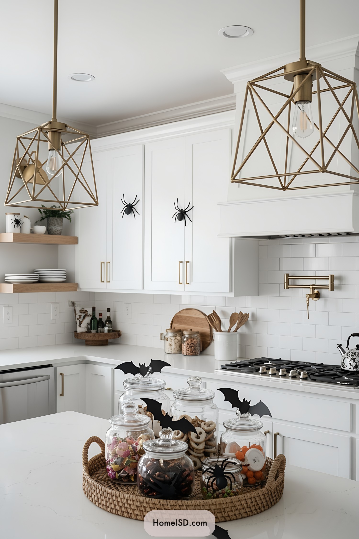 Halloween-themed kitchen decor including spider and bat accents