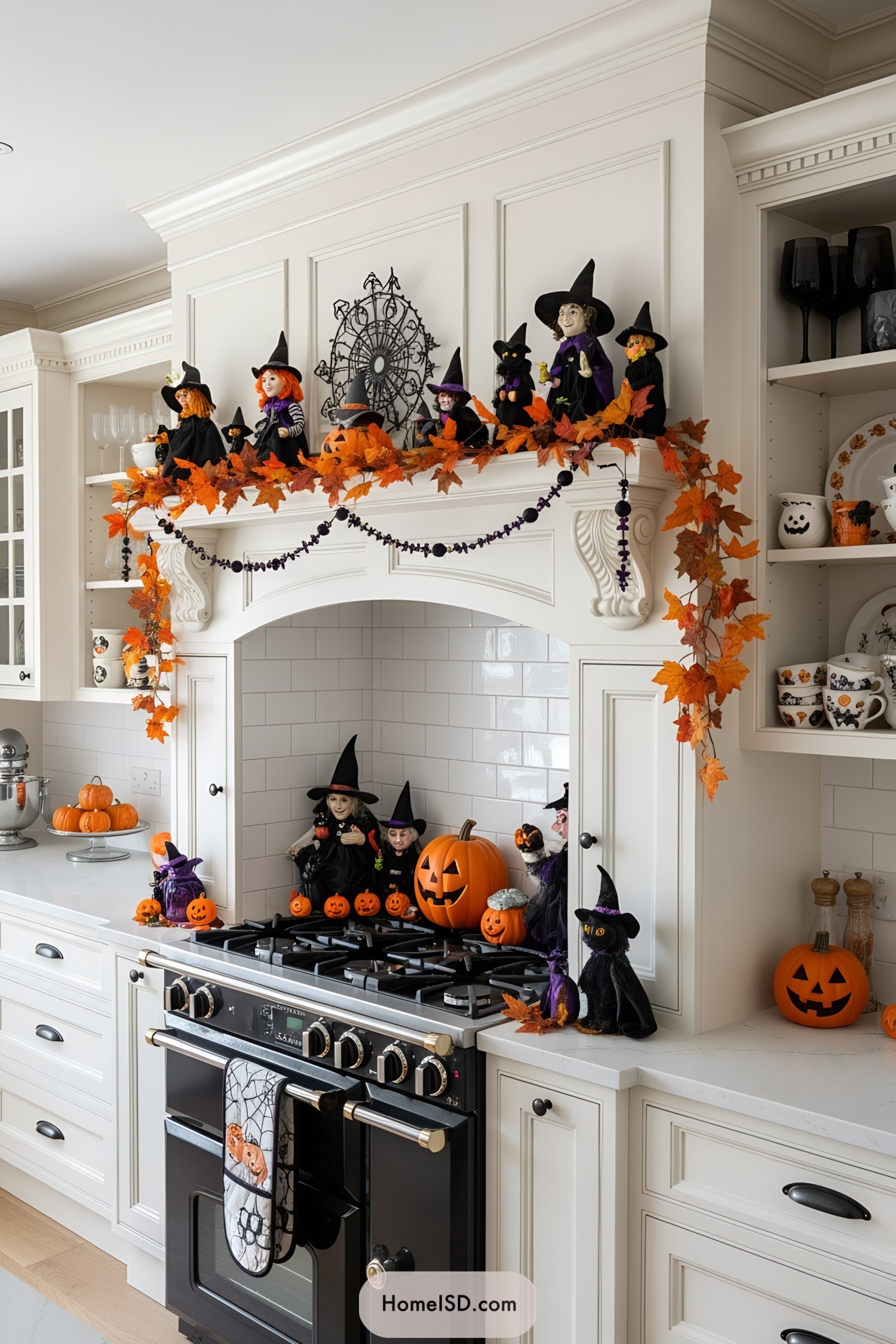 Halloween-themed kitchen with witch and pumpkin decor