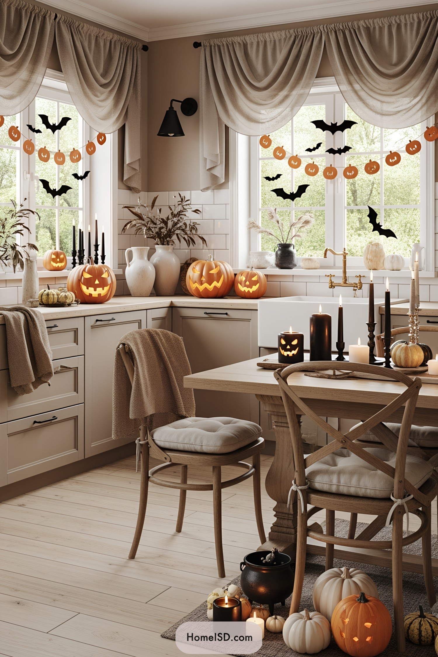 Halloween-themed kitchen with pumpkins and bat decorations
