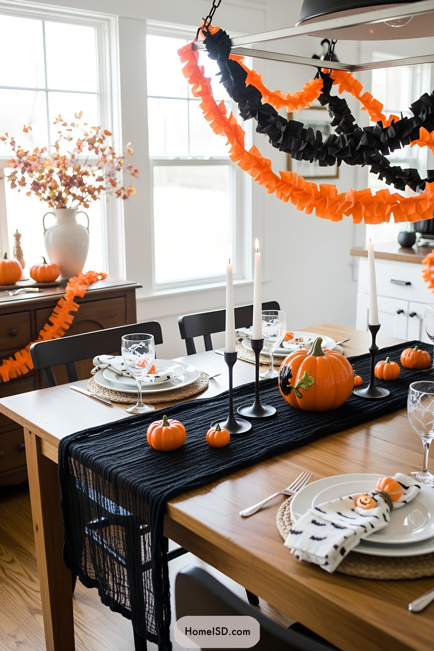 Festive kitchen with Halloween decor featuring orange and black accents