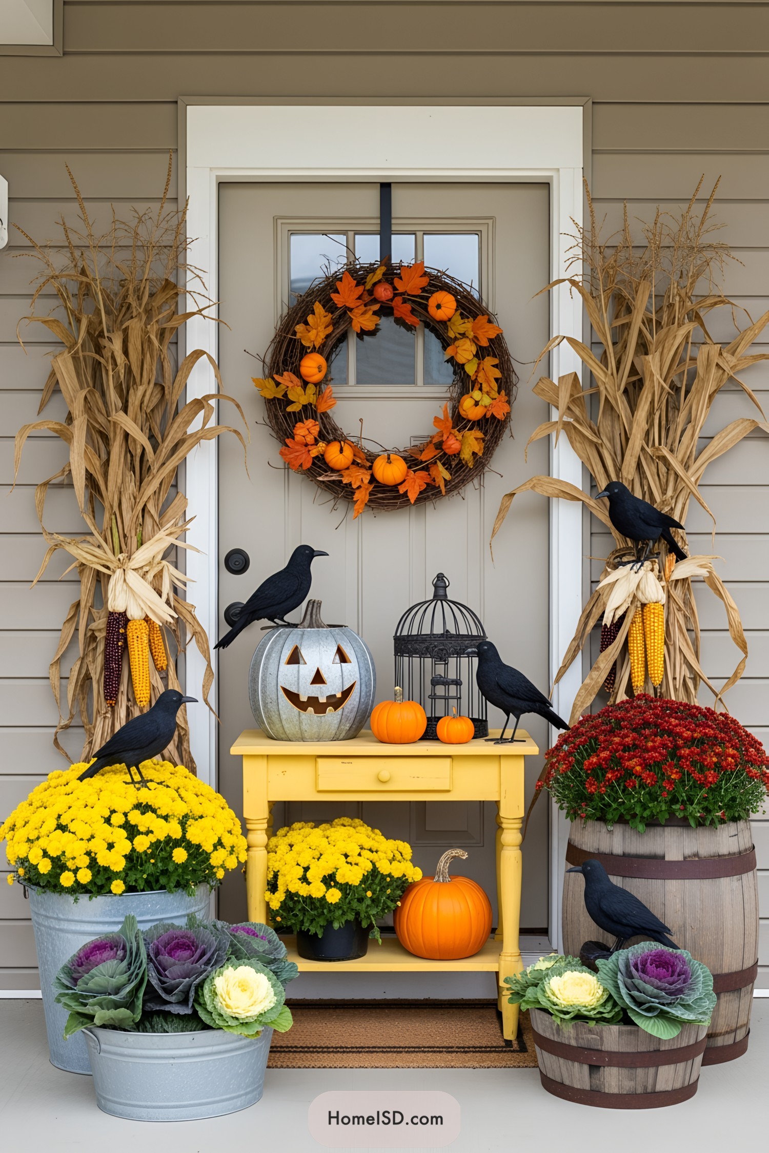 Front porch with pumpkins, cornstalks, and crows creating a Halloween display