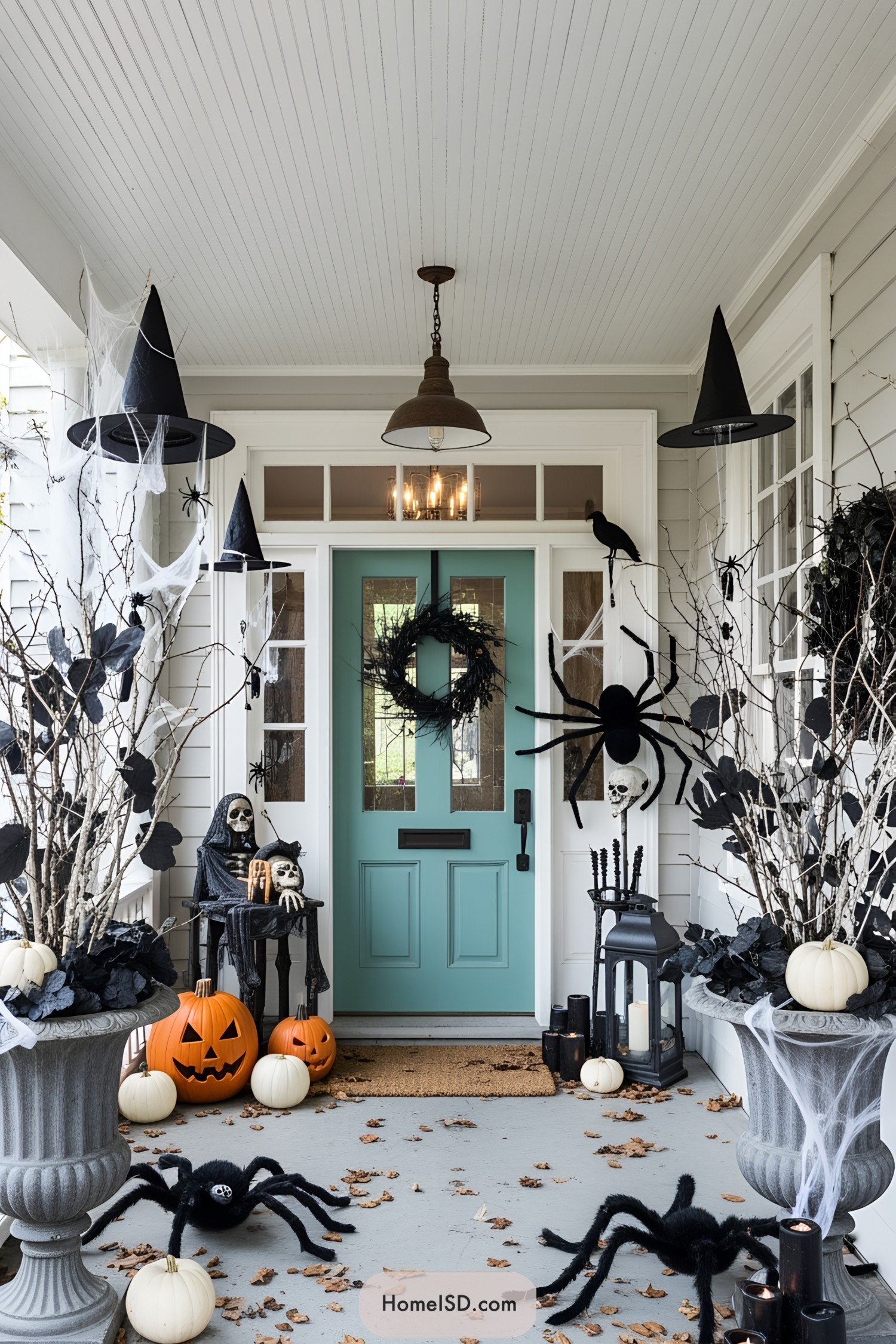 Halloween porch with spooky decorations and oversized spiders