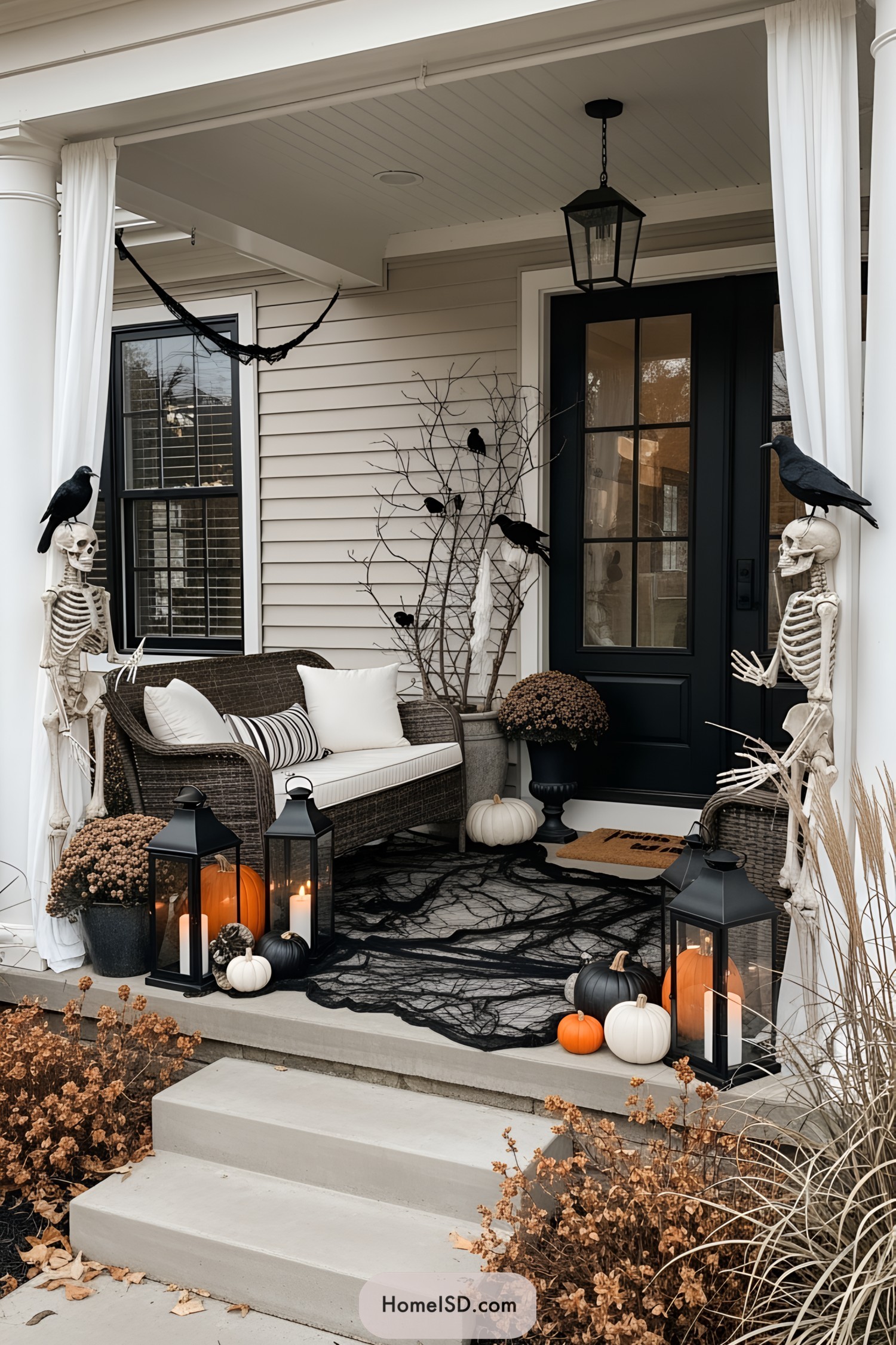 Halloween porch with skeletons and ravens