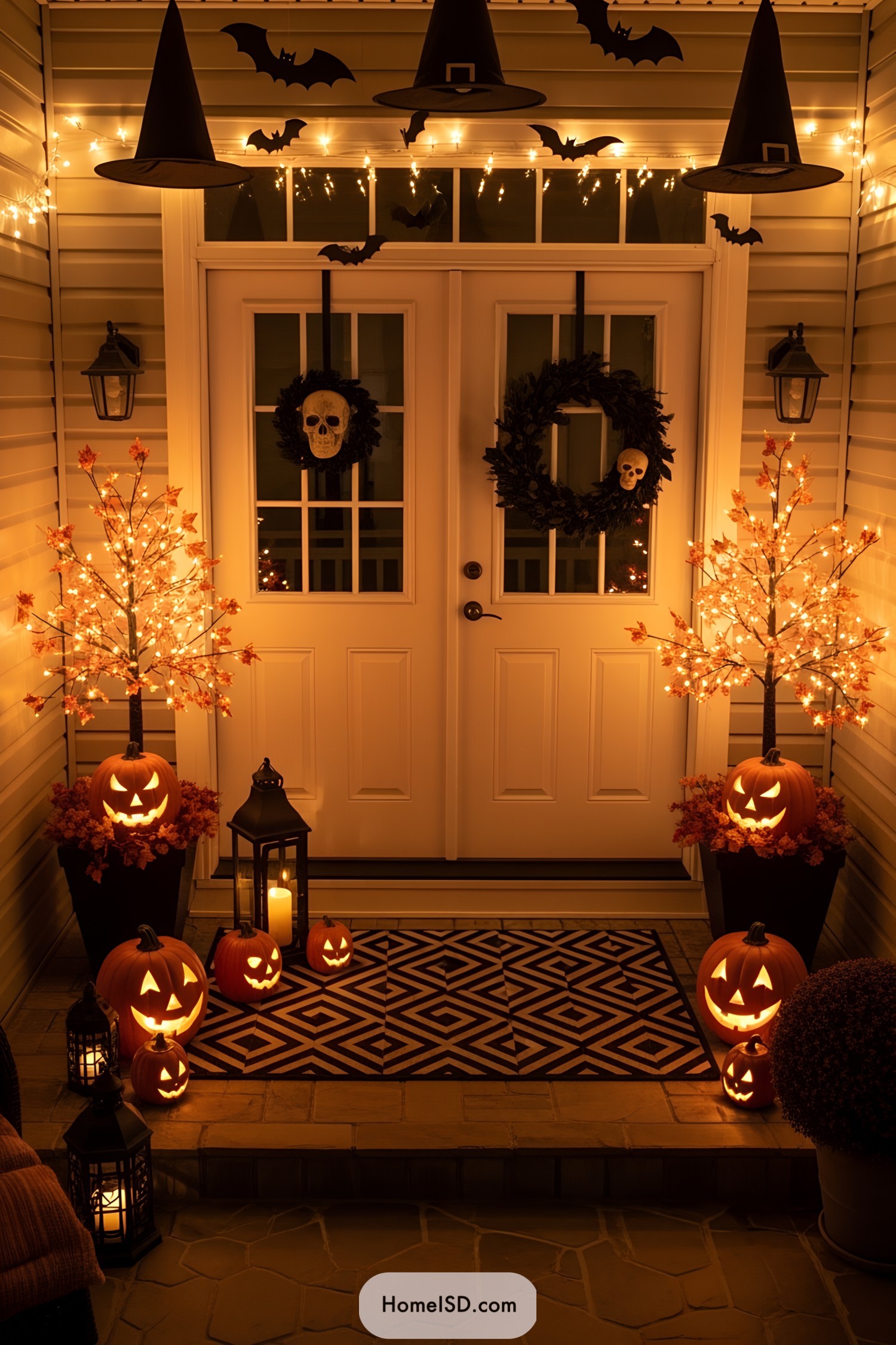 Halloween-themed porch with pumpkins and lanterns