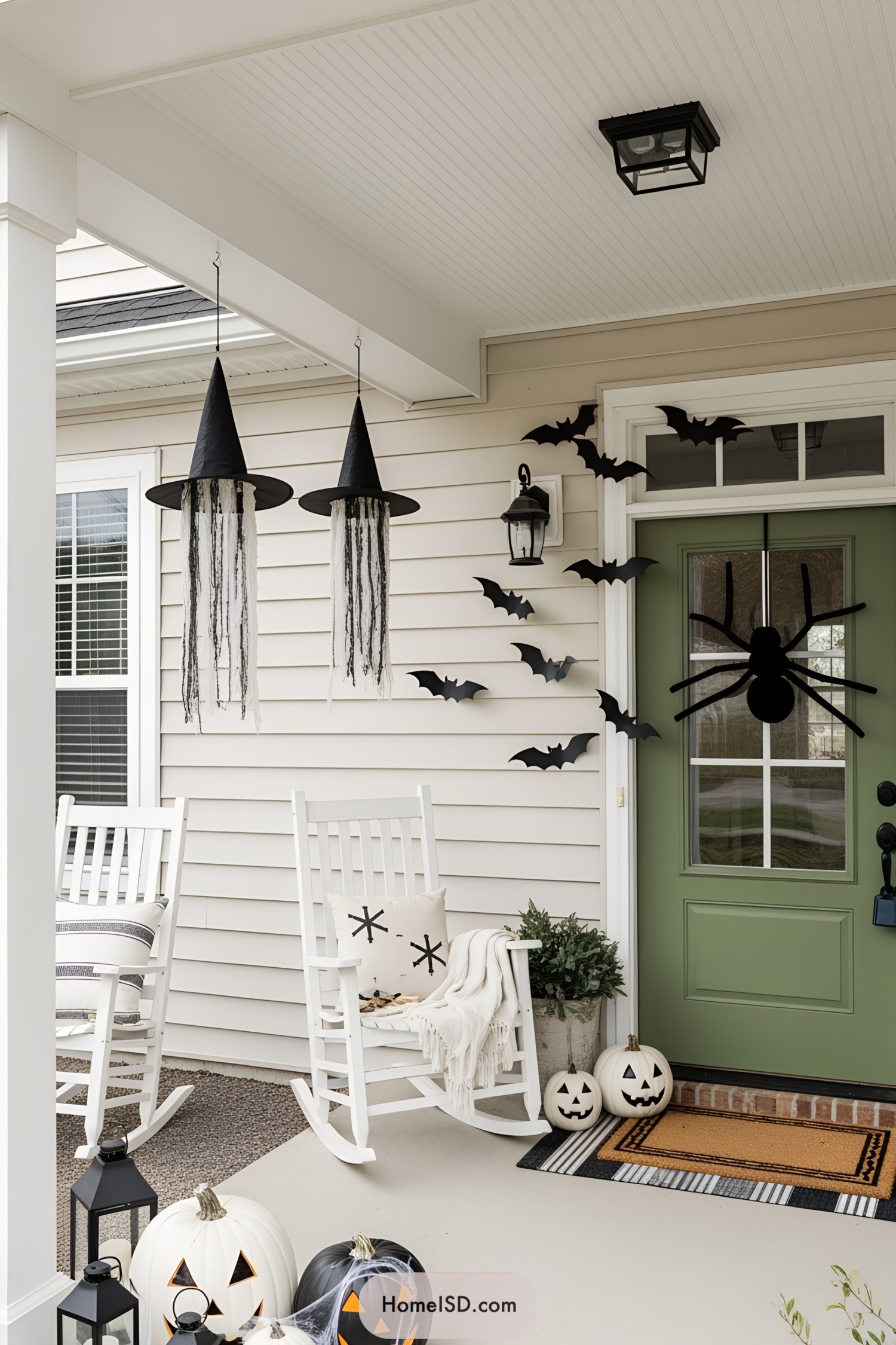 Halloween-themed porch with bats, pumpkins, and witch hats