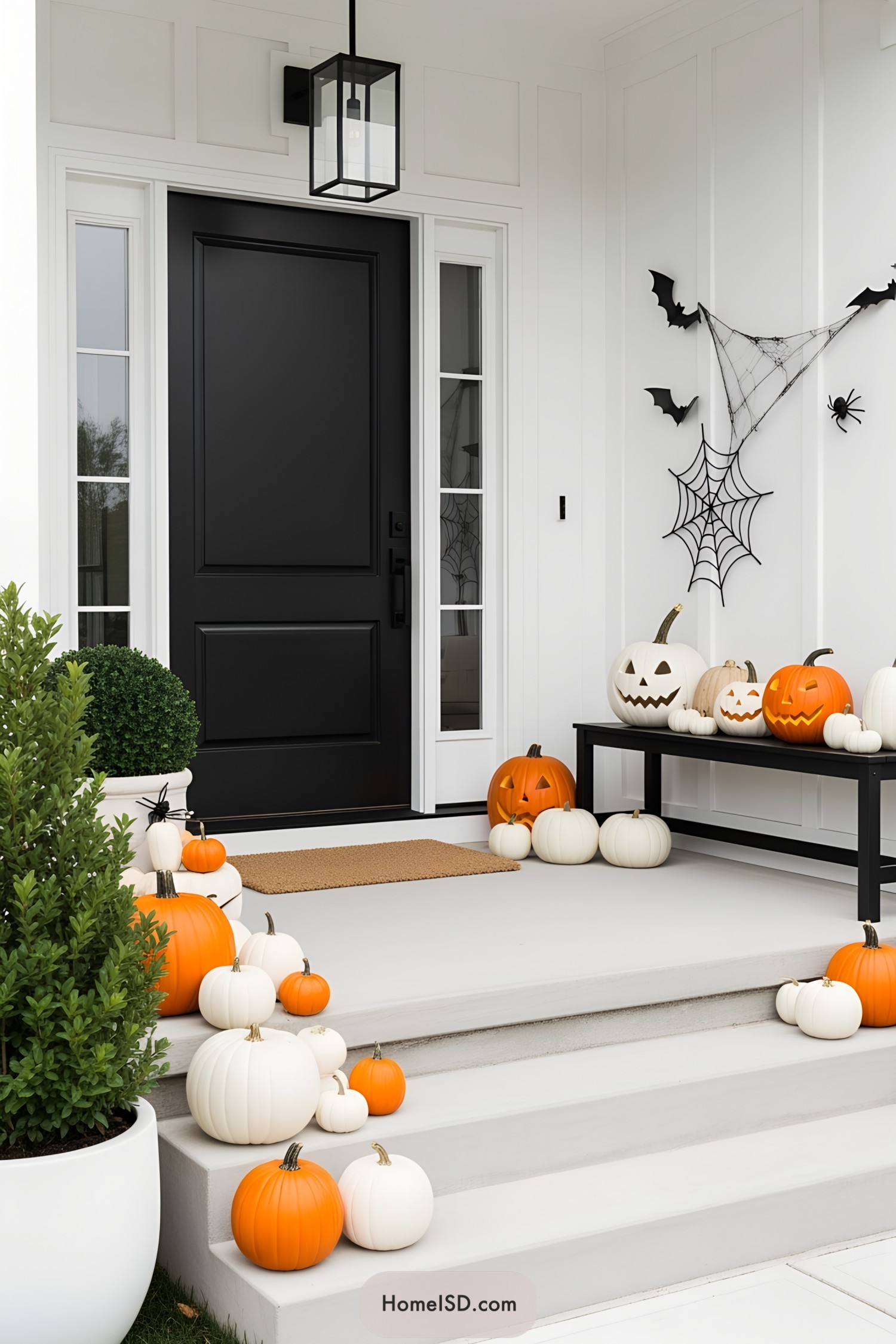 Pumpkins and webs on a modern porch