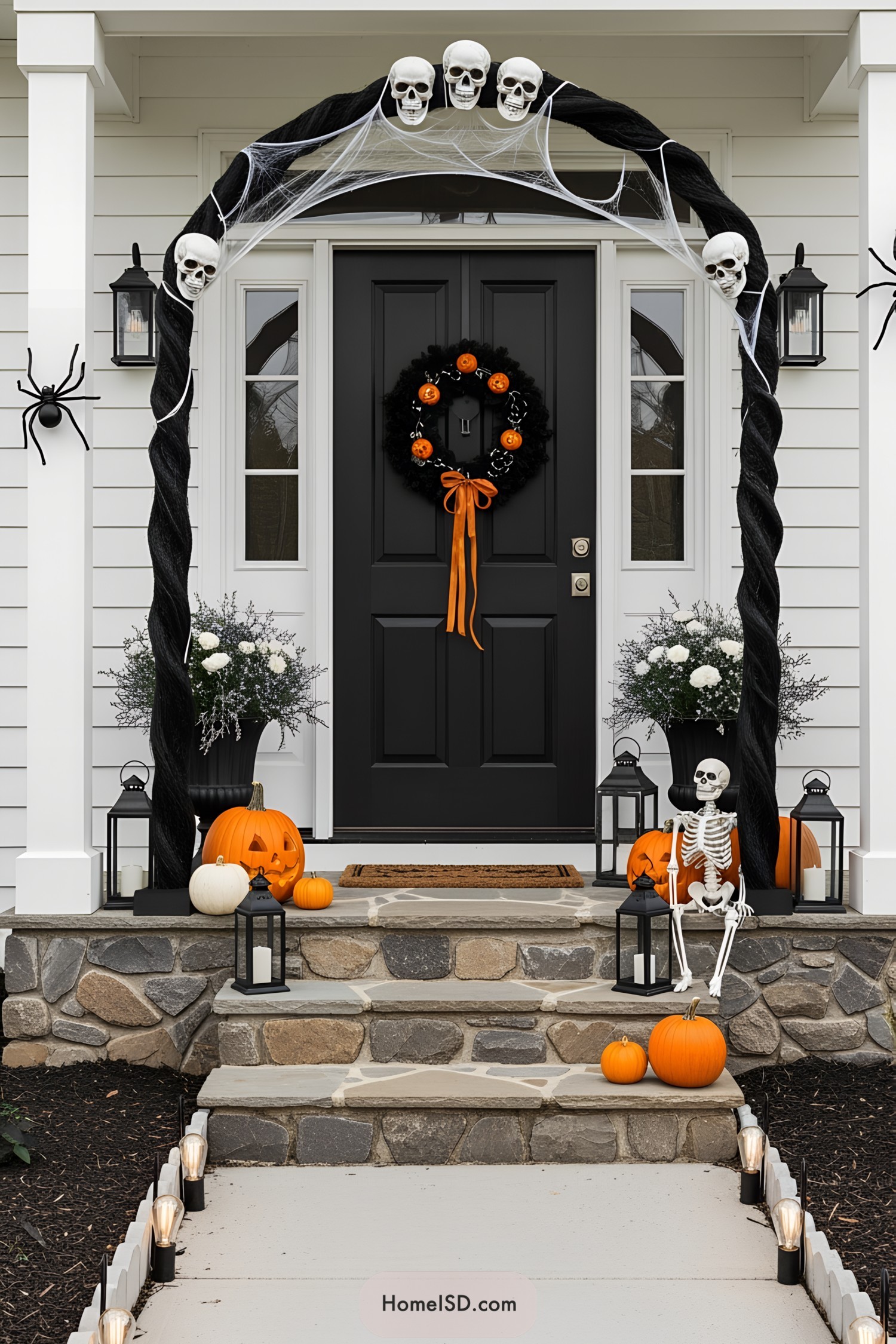 Halloween-themed porch with skulls, pumpkins, and a skeleton