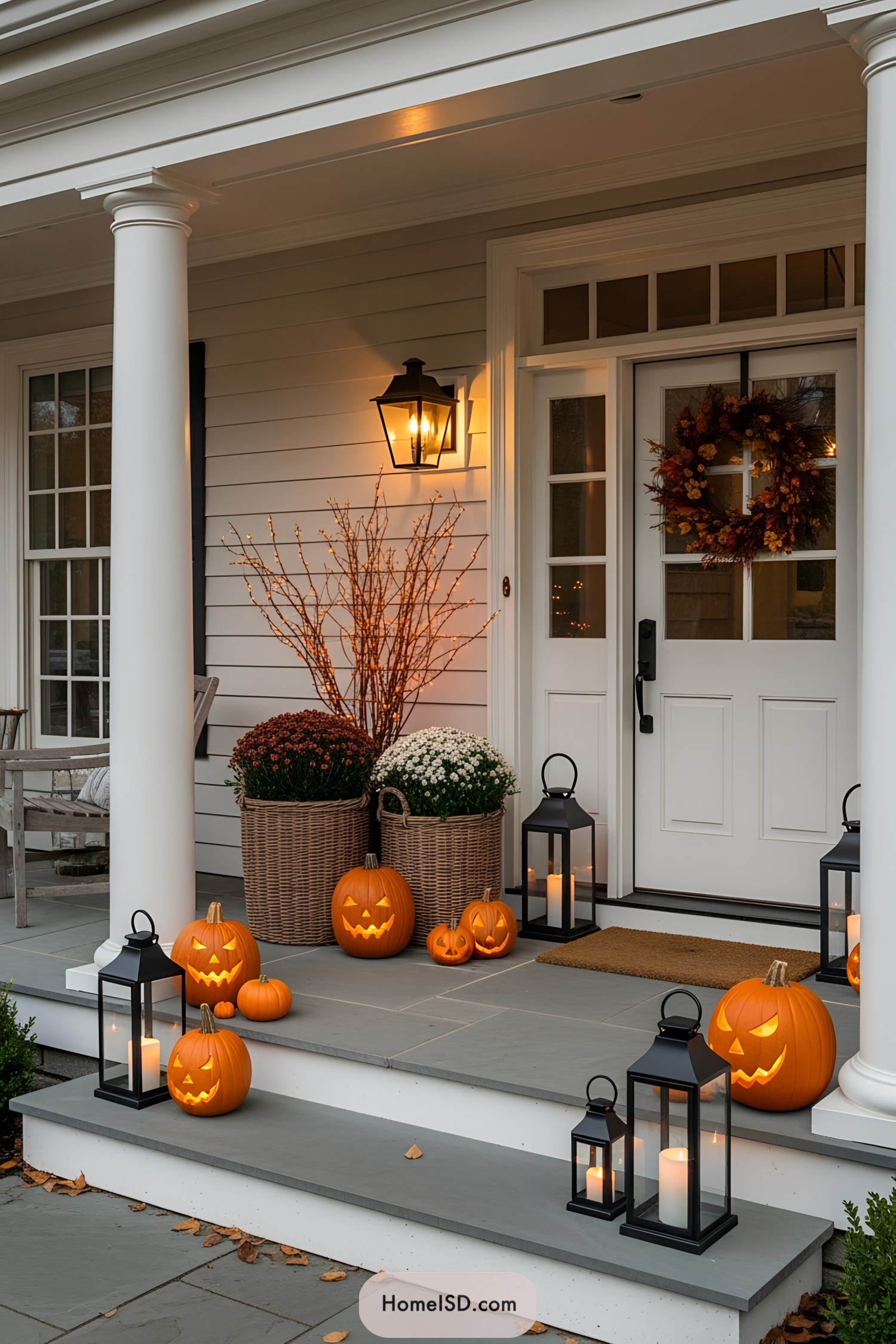 Jack-o'-lanterns and lanterns on a porch