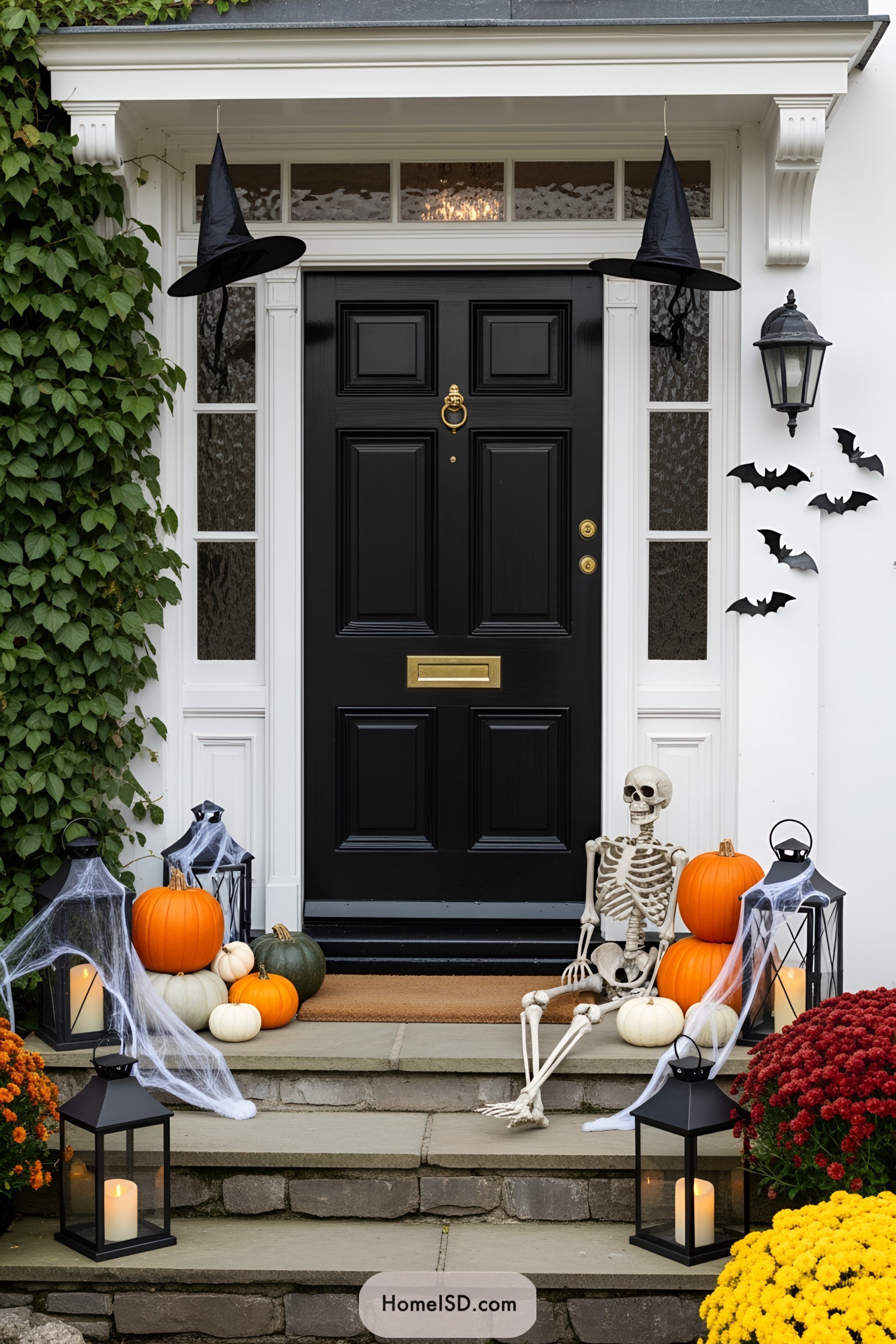 Halloween porch idea with a traditional front entryway, featuring a dark-paneled door surrounded by white walls and sidelights. The aesthetic is spooky and whimsical, with a black, orange, and white color theme. Architectural details include a small overhang above the door and stone steps leading to the porch. Decor elements include hanging black witch hats, a skeleton seated beside stacks of orange and white pumpkins, black lanterns with candles, faux cobwebs, clusters of autumn mums, and miniature bats affixed to the wall. Lush green ivy climbs one side of the entry, with stone steps set against a simple garden backdrop.