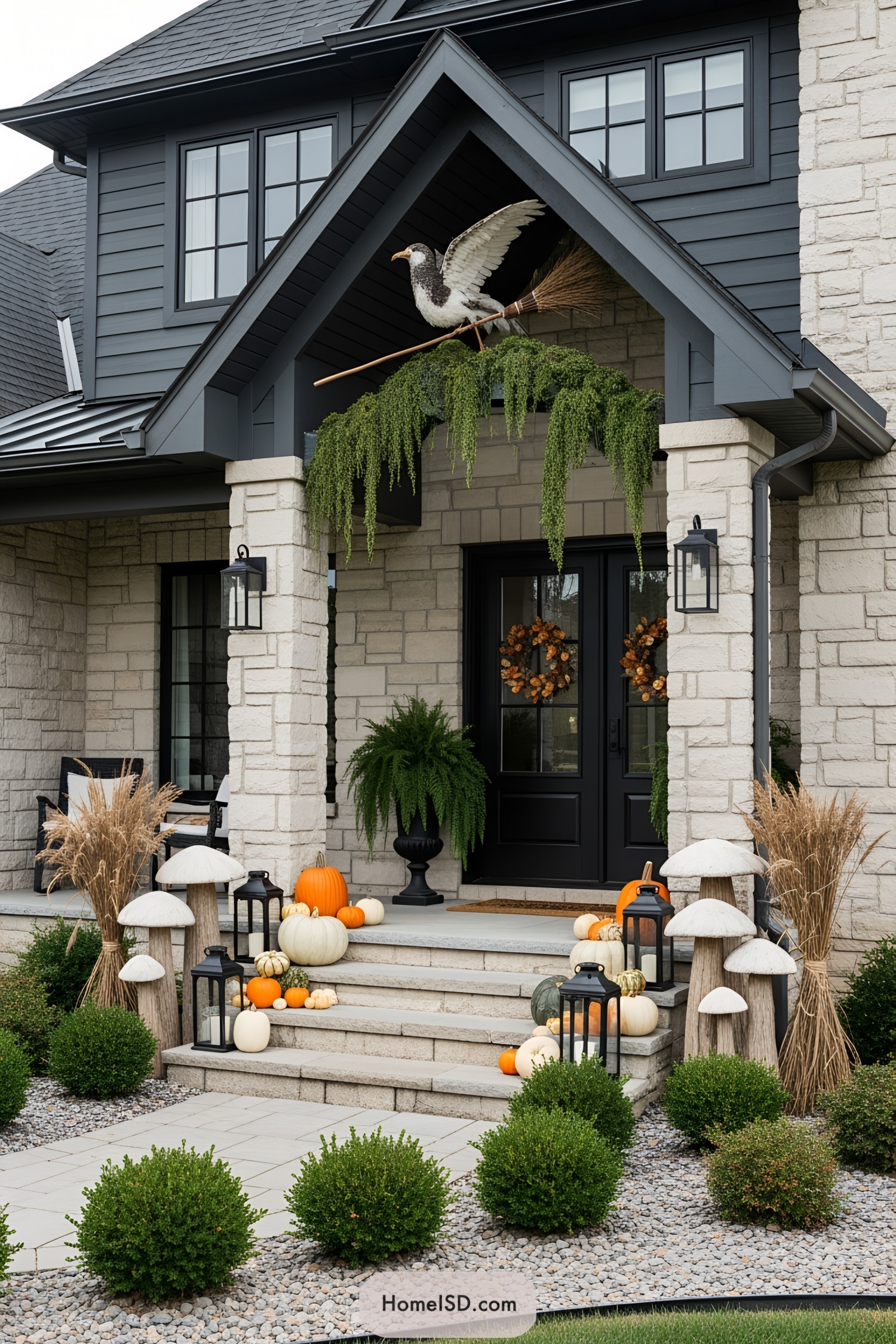 Front porch with pumpkins and Halloween decor