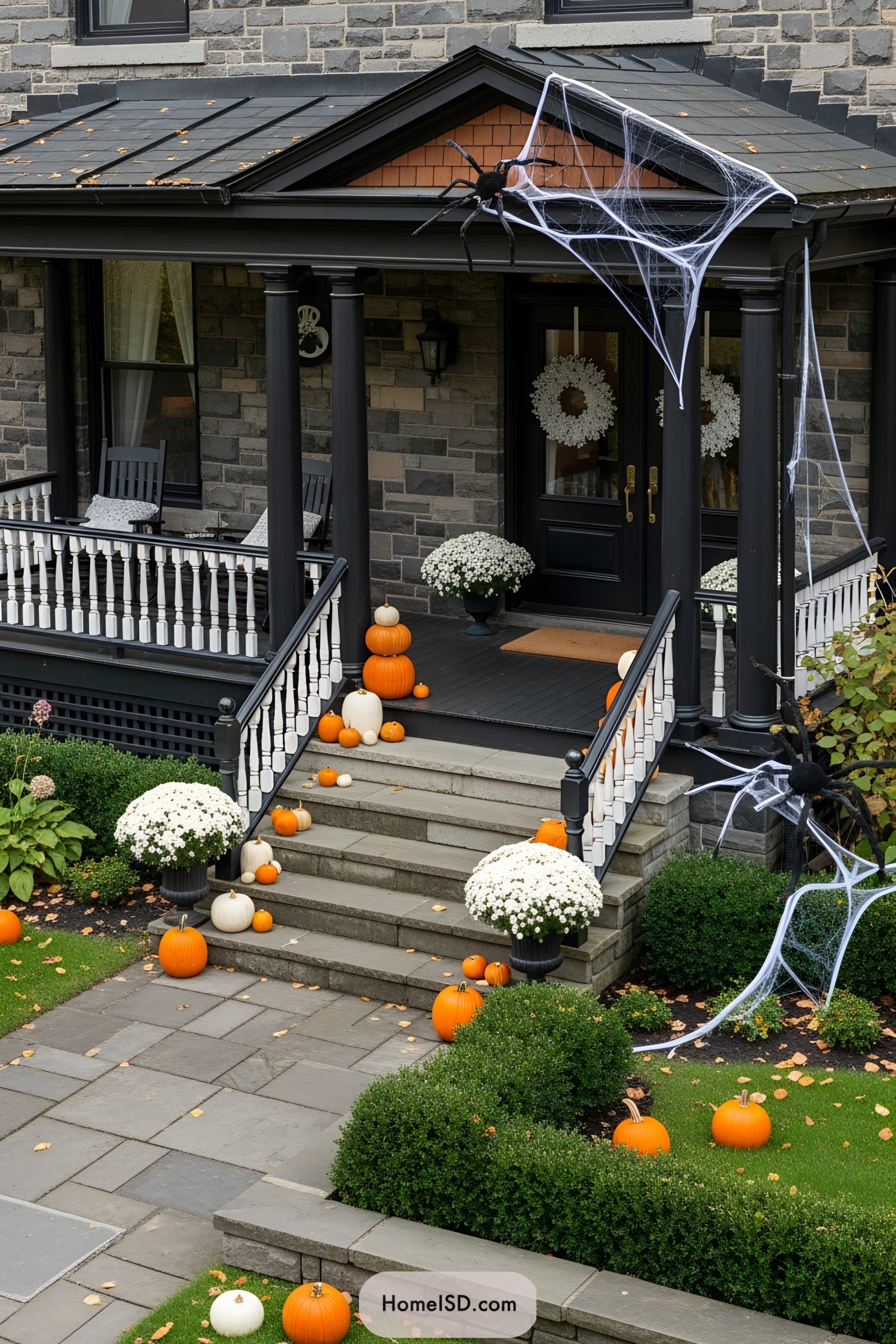 Festive Halloween porch with pumpkins and cobwebs