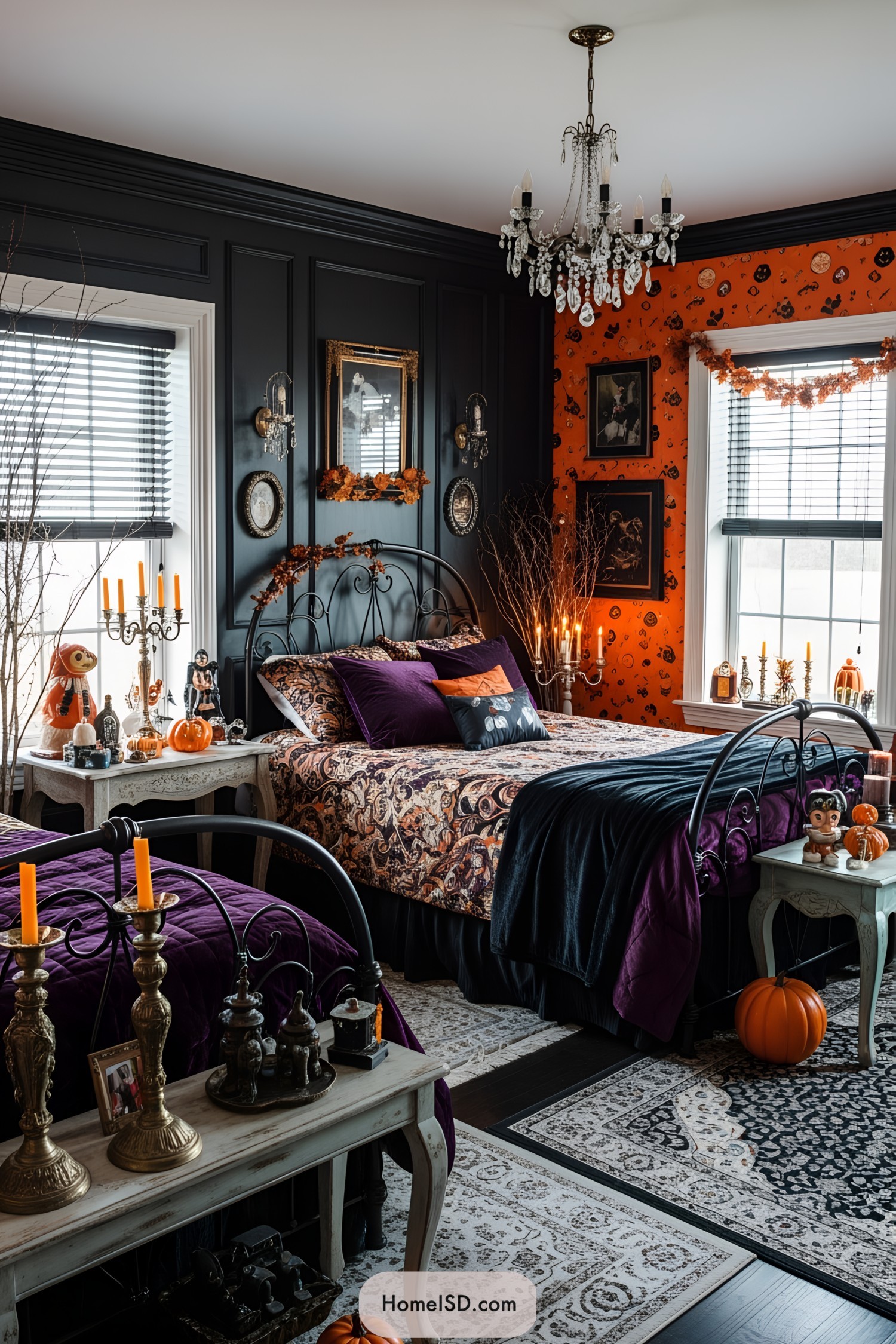 Halloween-themed bedroom with dark and whimsical decor