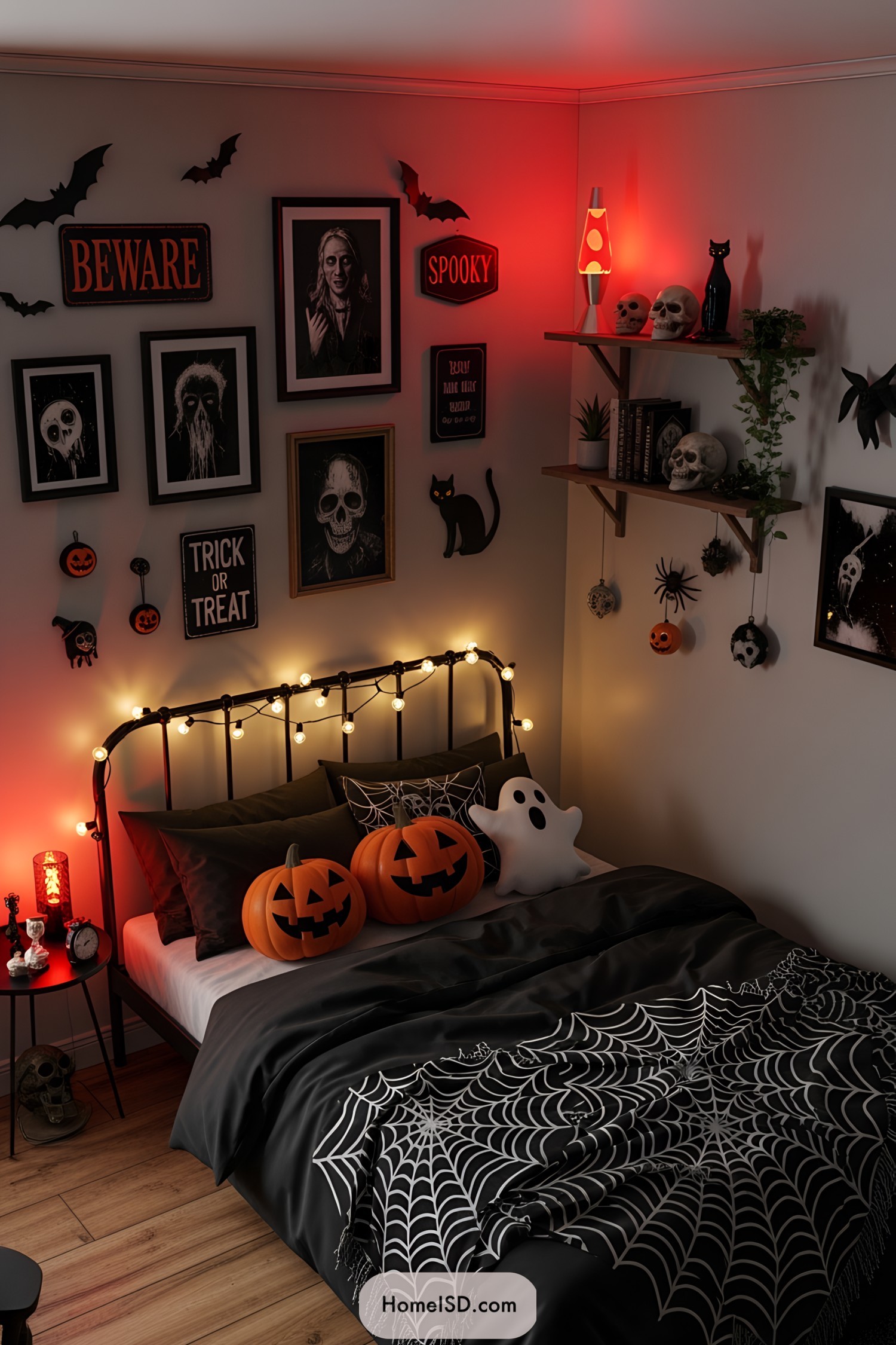 Halloween-themed bedroom with spooky decor and pumpkins