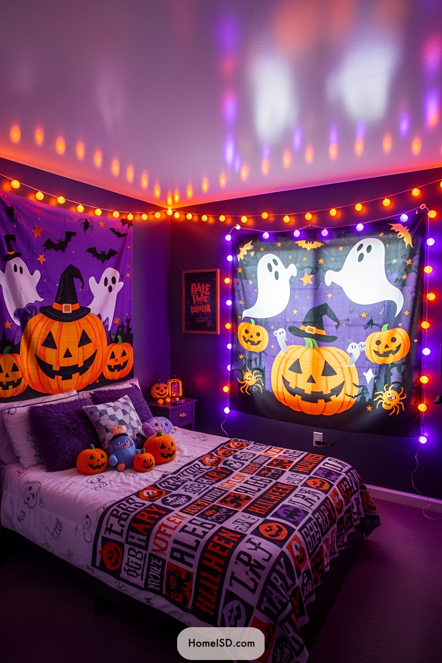 Halloween-themed bedroom with pumpkin decor and string lights
