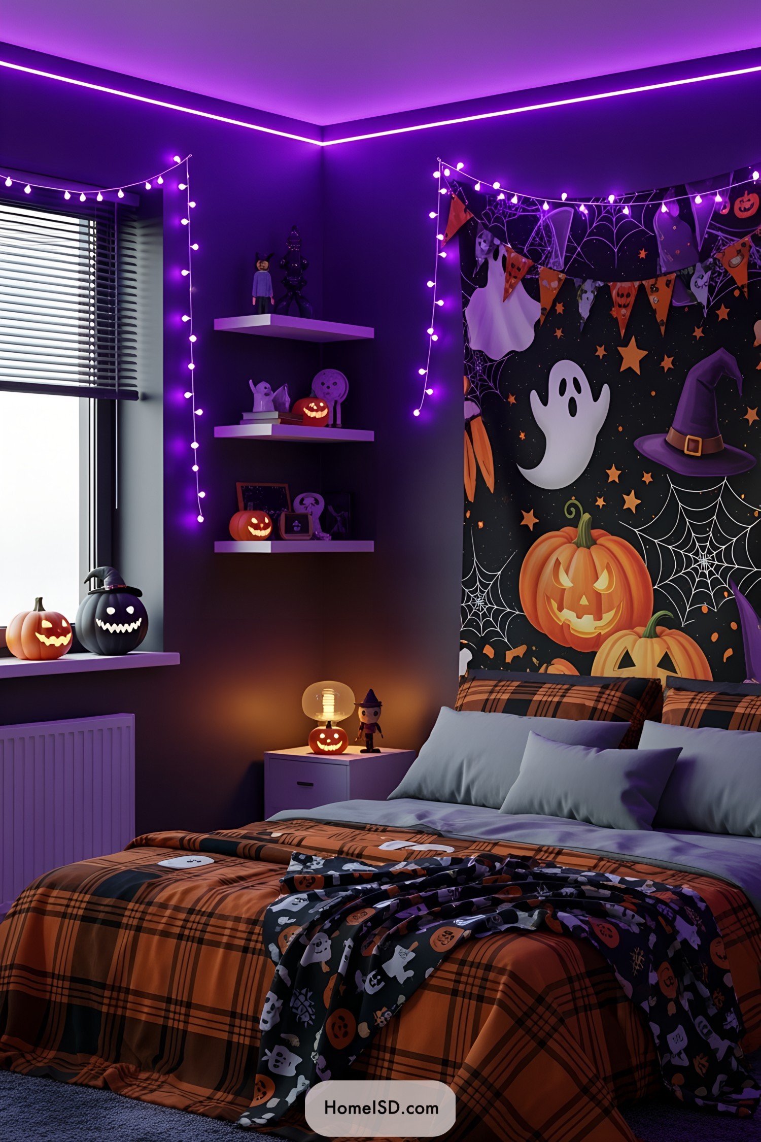 A Halloween-themed bedroom with purple lights