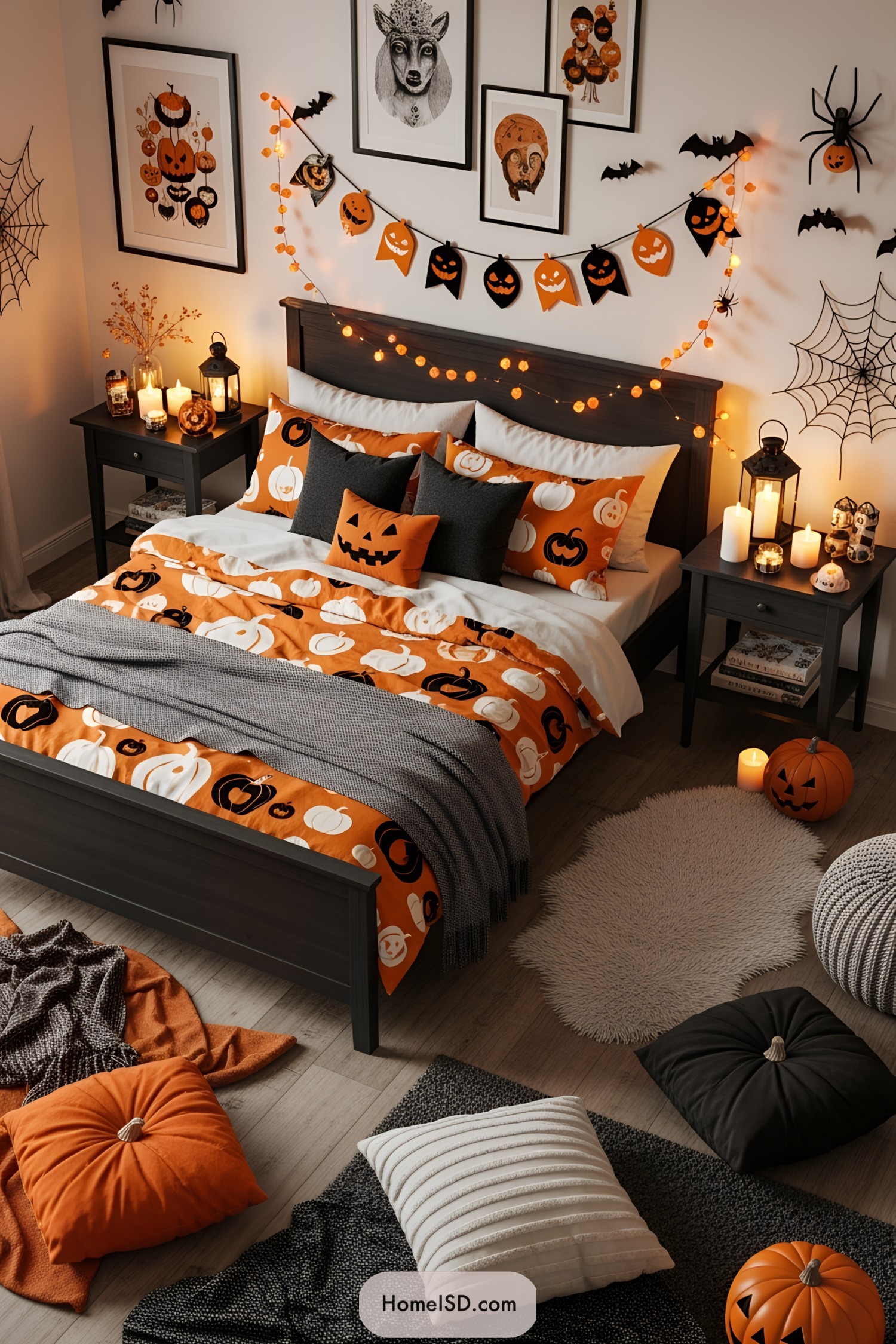 Bright, cozy Halloween-themed bedroom with pumpkin decor