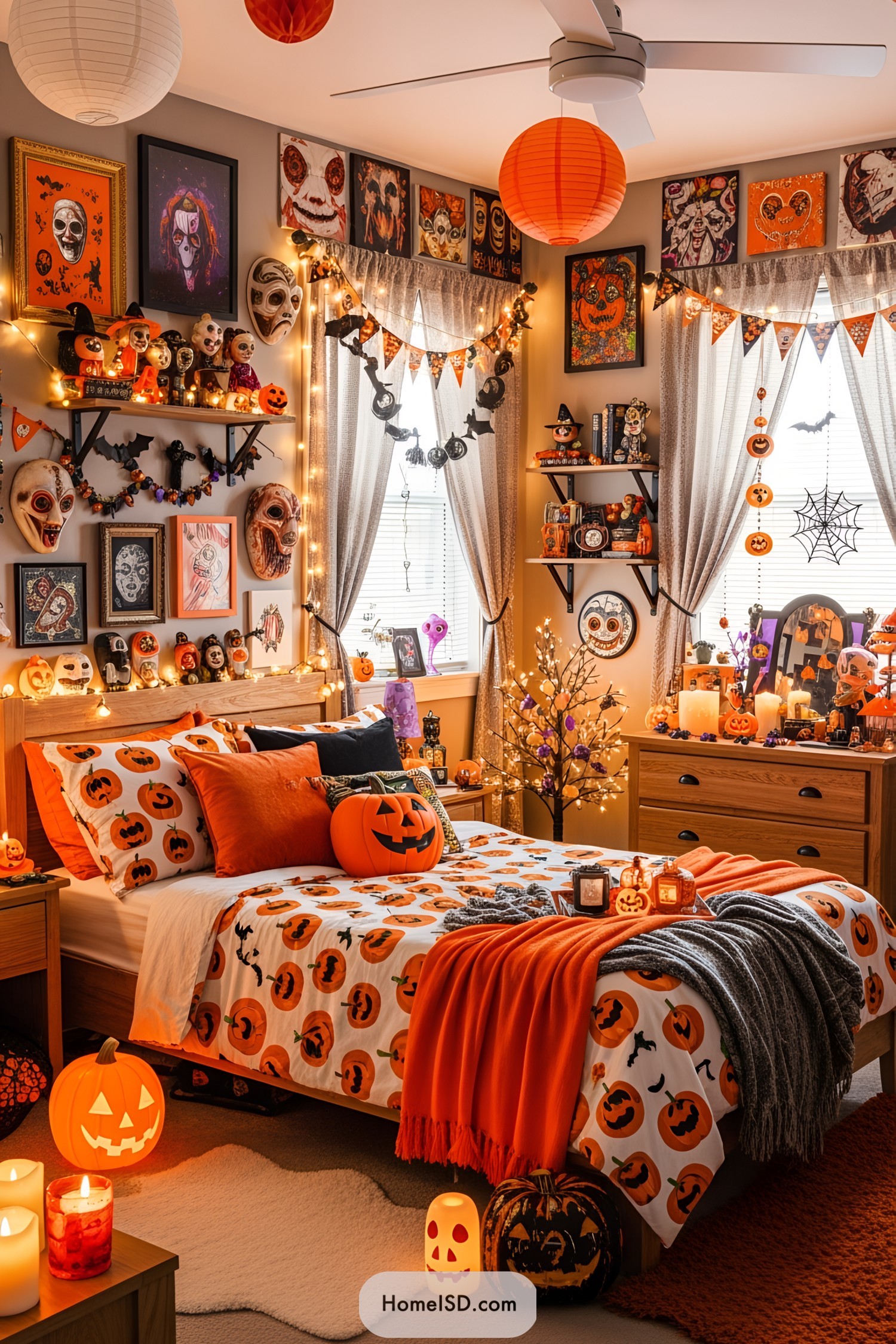 Halloween-themed bedroom with pumpkin decor and string lights