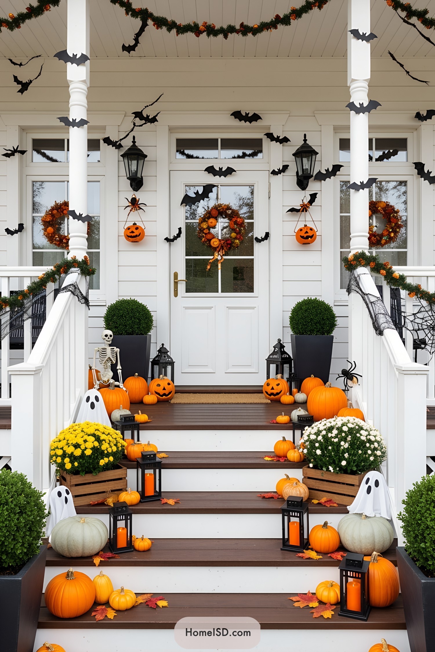 Halloween-themed front porch with pumpkins and bats