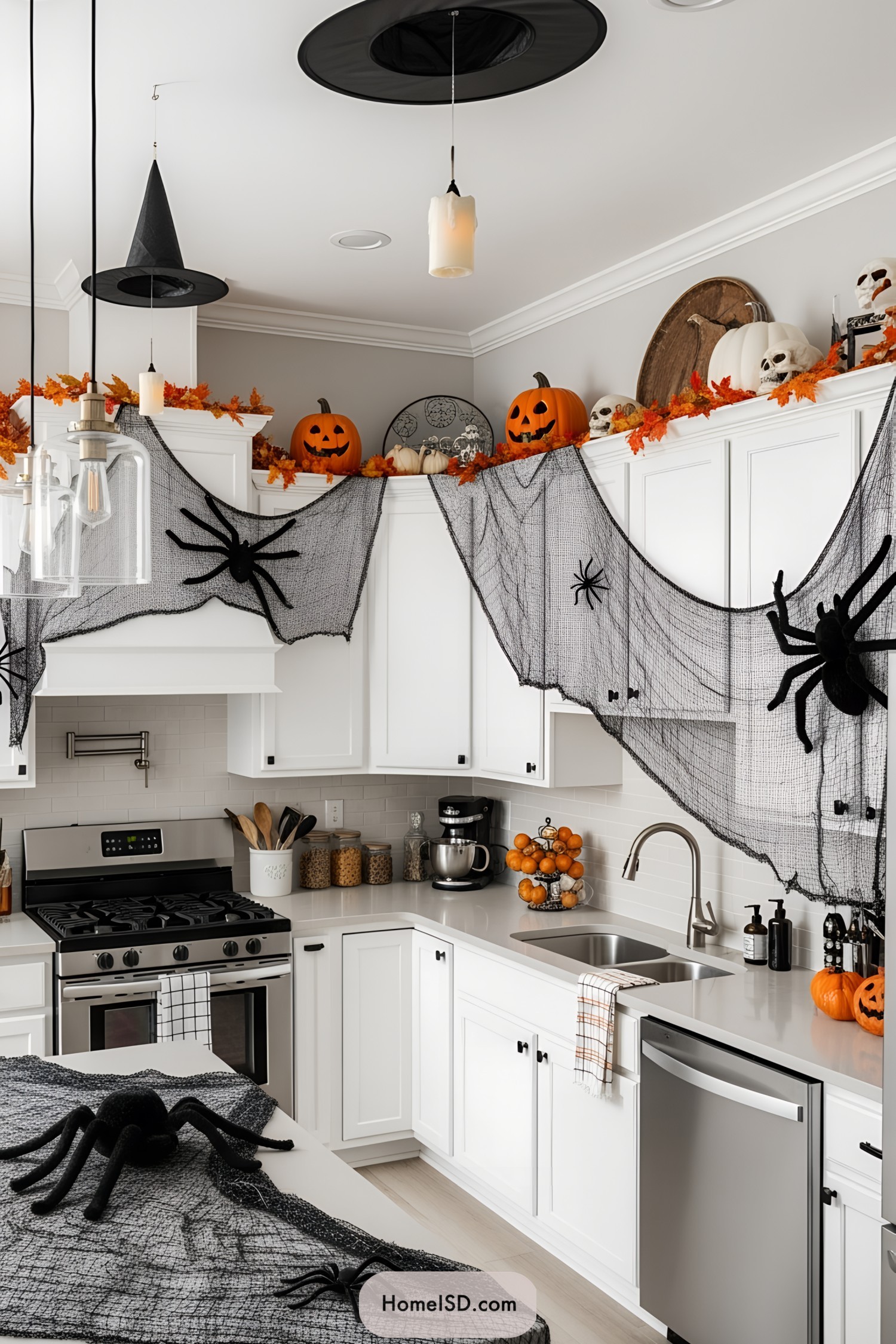 Halloween-themed kitchen with spooky decorations