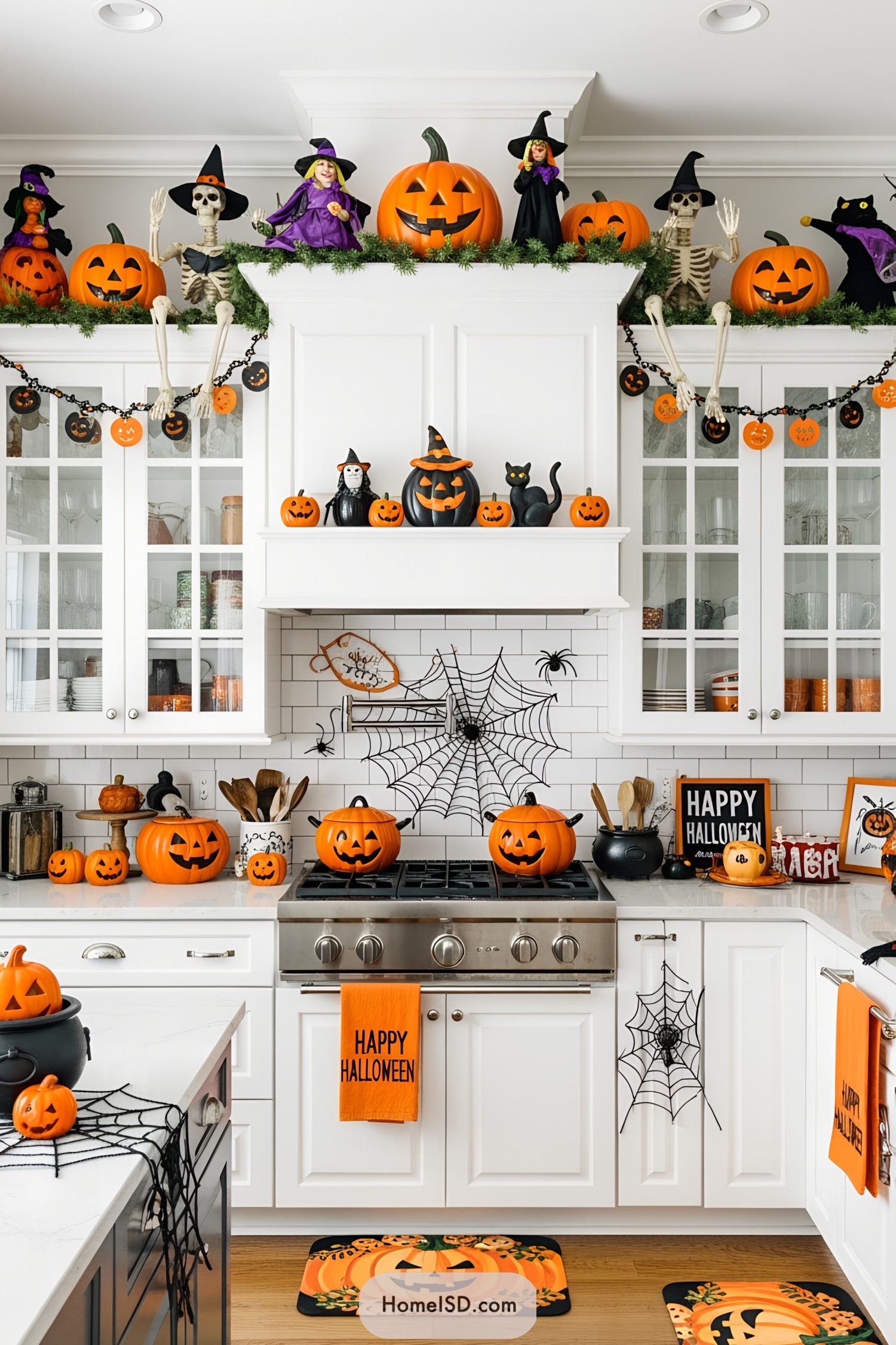 Halloween-themed kitchen decor with pumpkins and witches