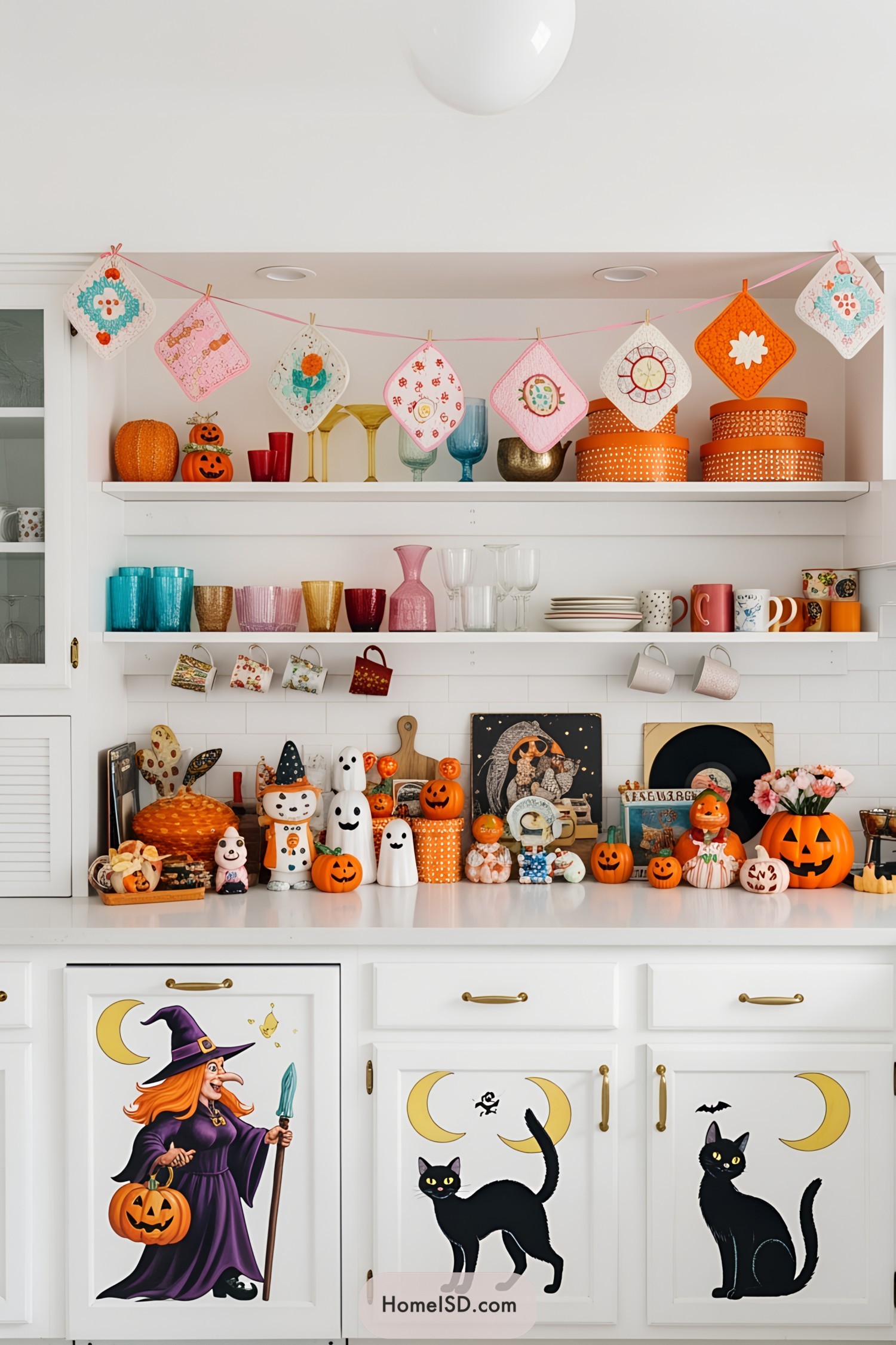 Festive kitchen shelves with Halloween decor