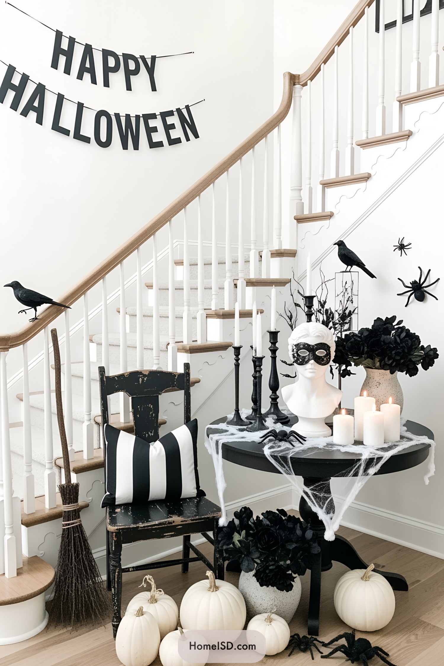 Halloween decorations on a staircase with candles, mannequin, and pumpkins