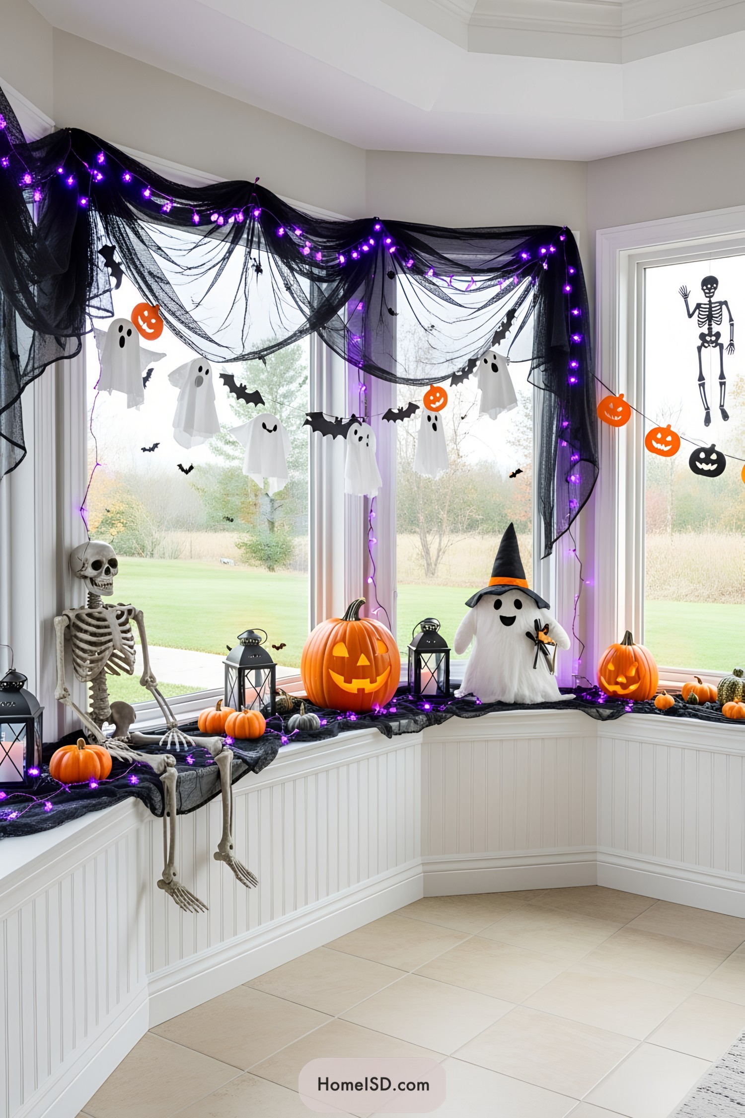 Halloween decorations with ghosts, pumpkins, skeleton, and bats by a window