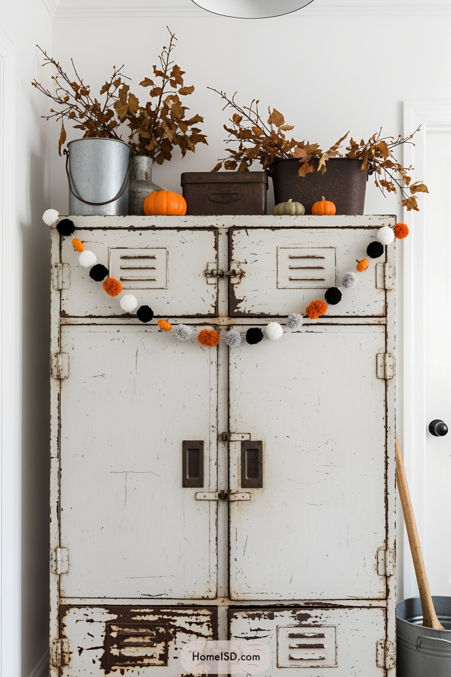 Festive garland on rustic cabinet with autumn accents