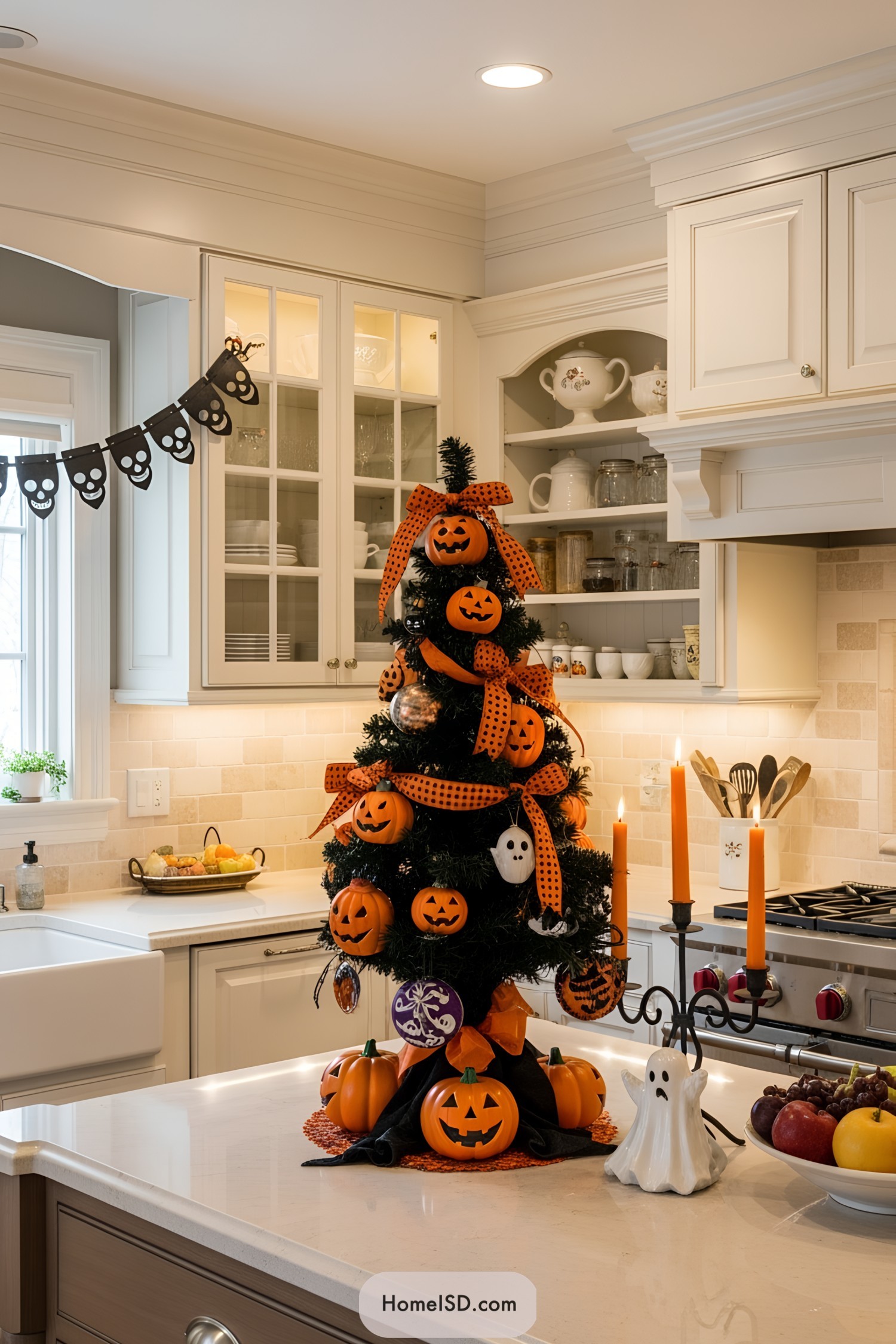 Halloween tree adorned with orange pumpkins and ribbon in a cozy kitchen