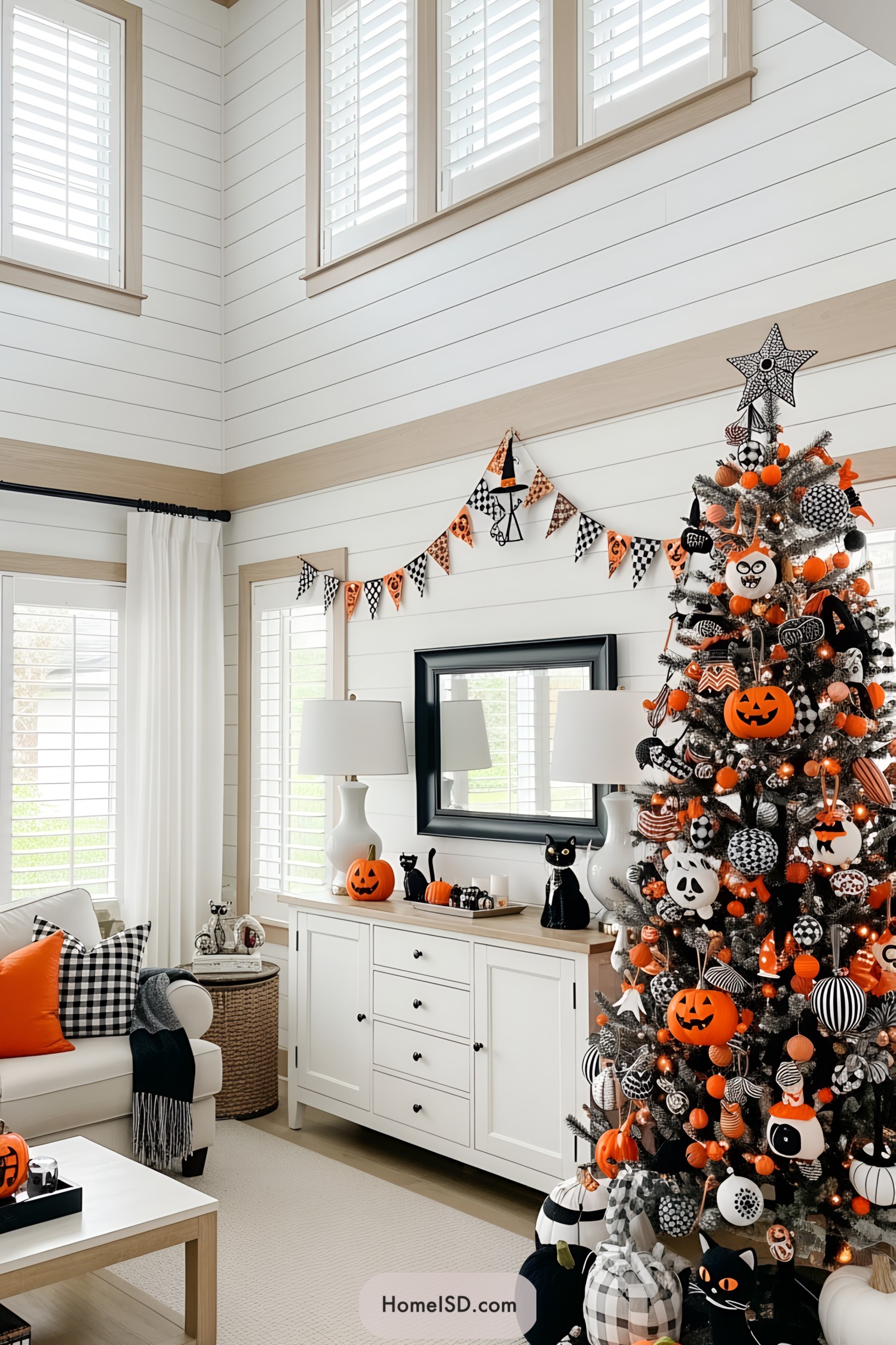 Halloween-themed living room with a decorated tree, bunting, and festive decor