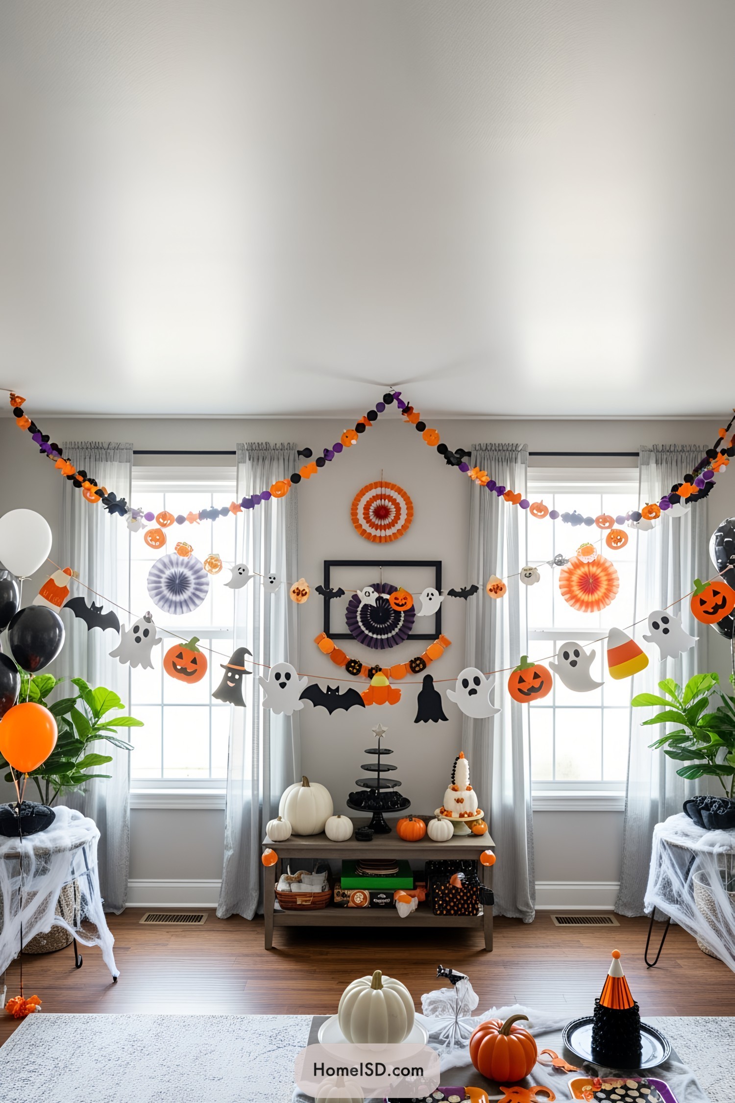 Halloween-themed garlands with pumpkins and ghosts hung in a living room