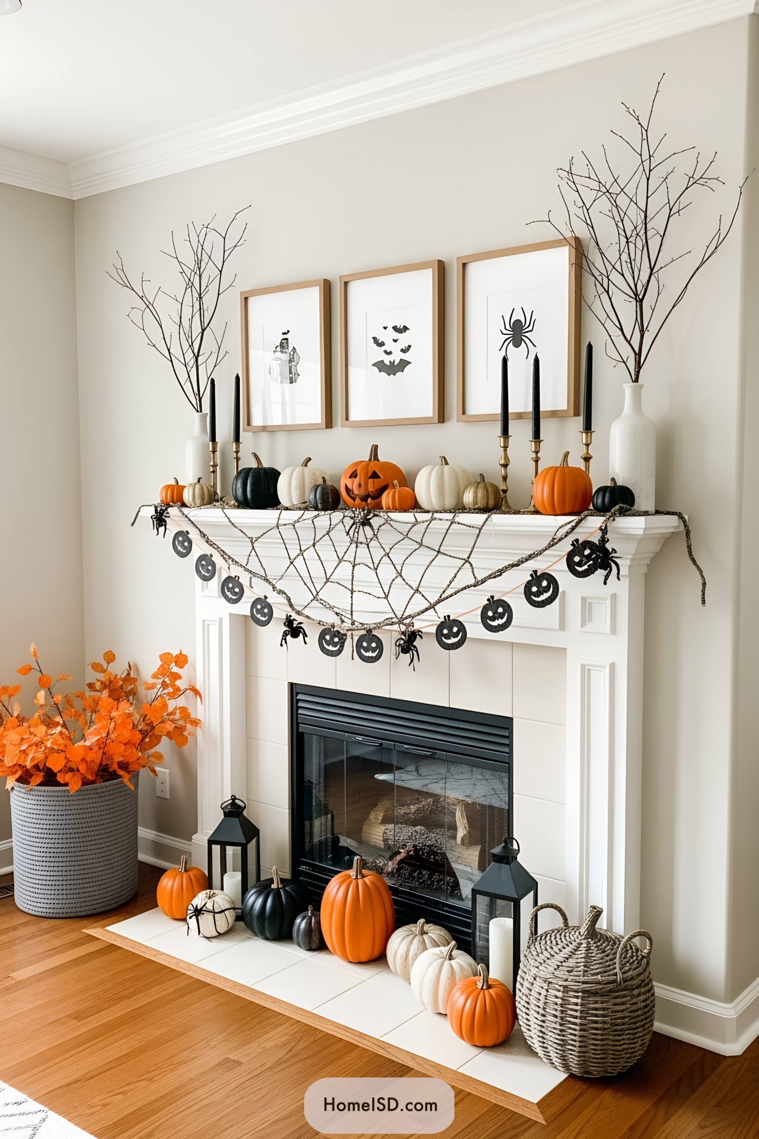 Halloween-themed mantle with pumpkins, candles, and spooky decorations