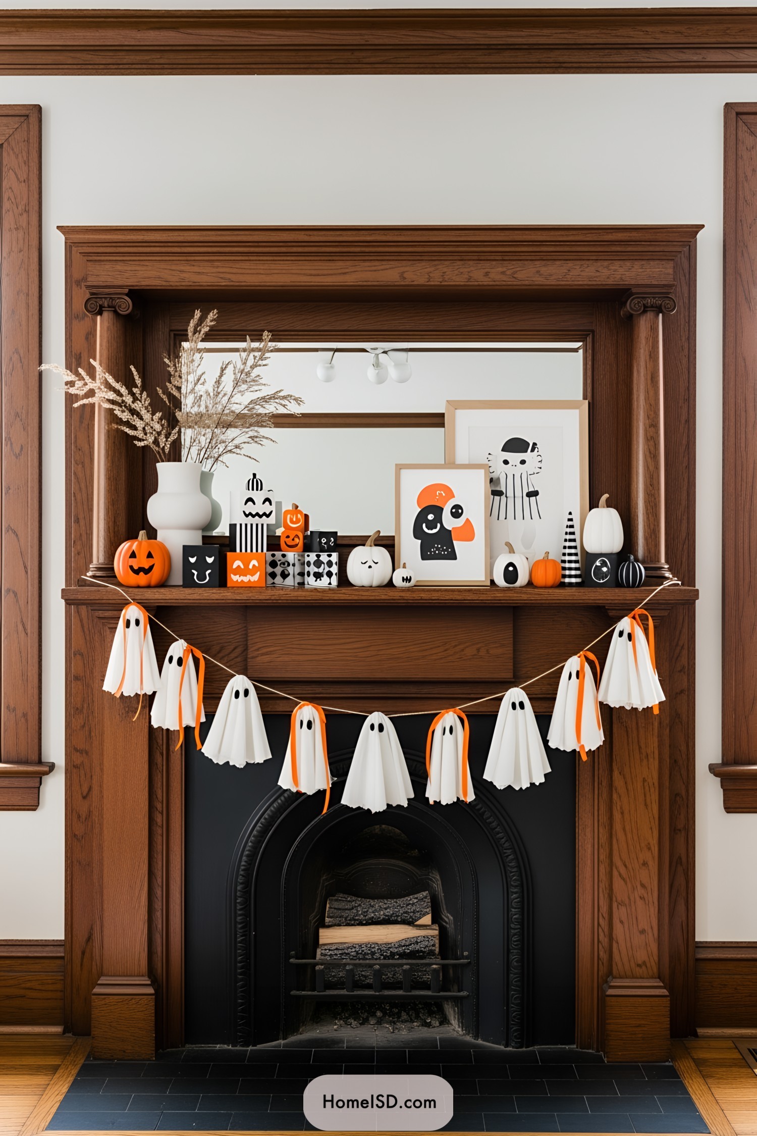 Halloween decorations on a fireplace mantel with ghost garland