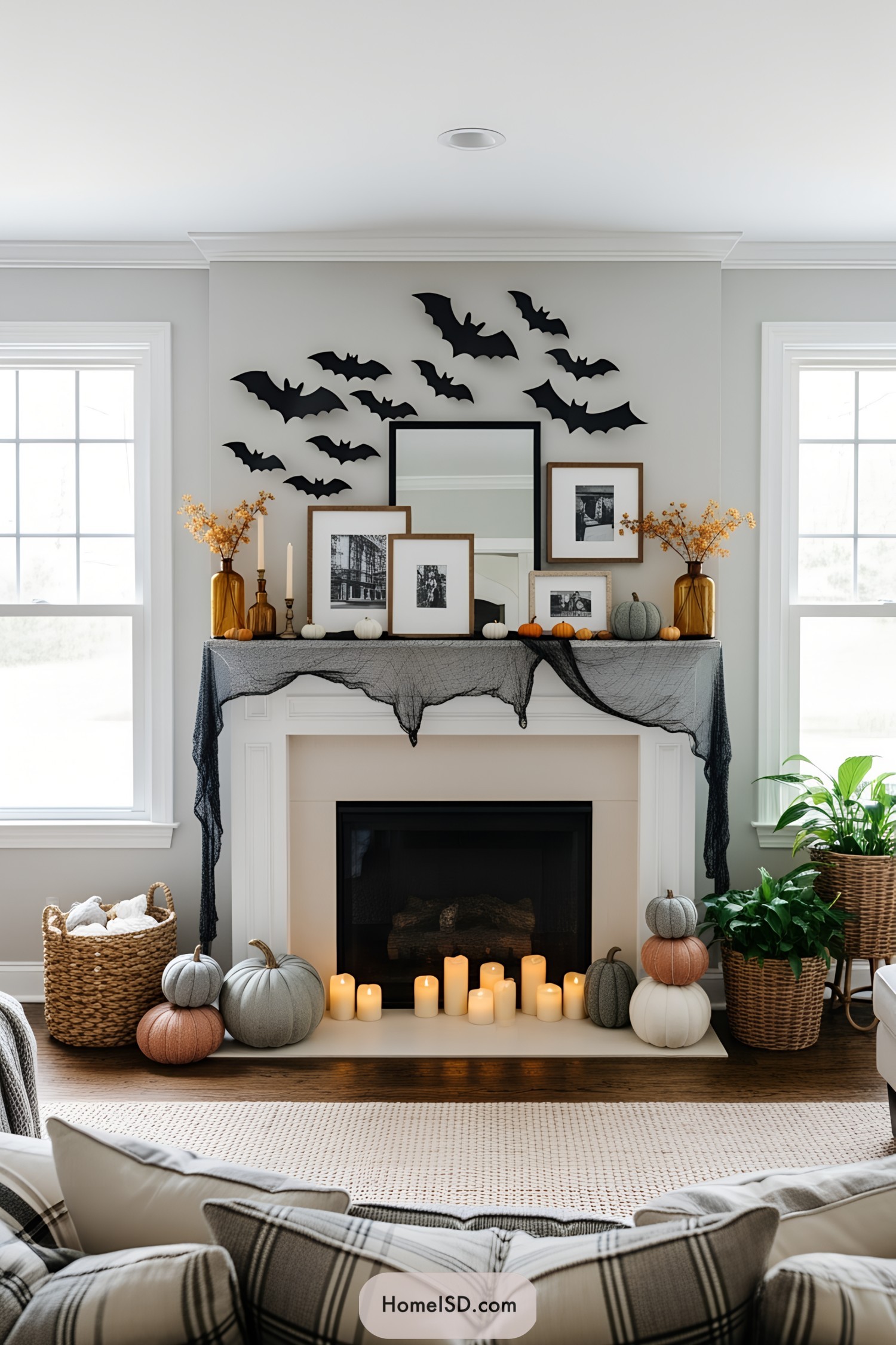 Stylish Halloween-themed fireplace with bats and pumpkins