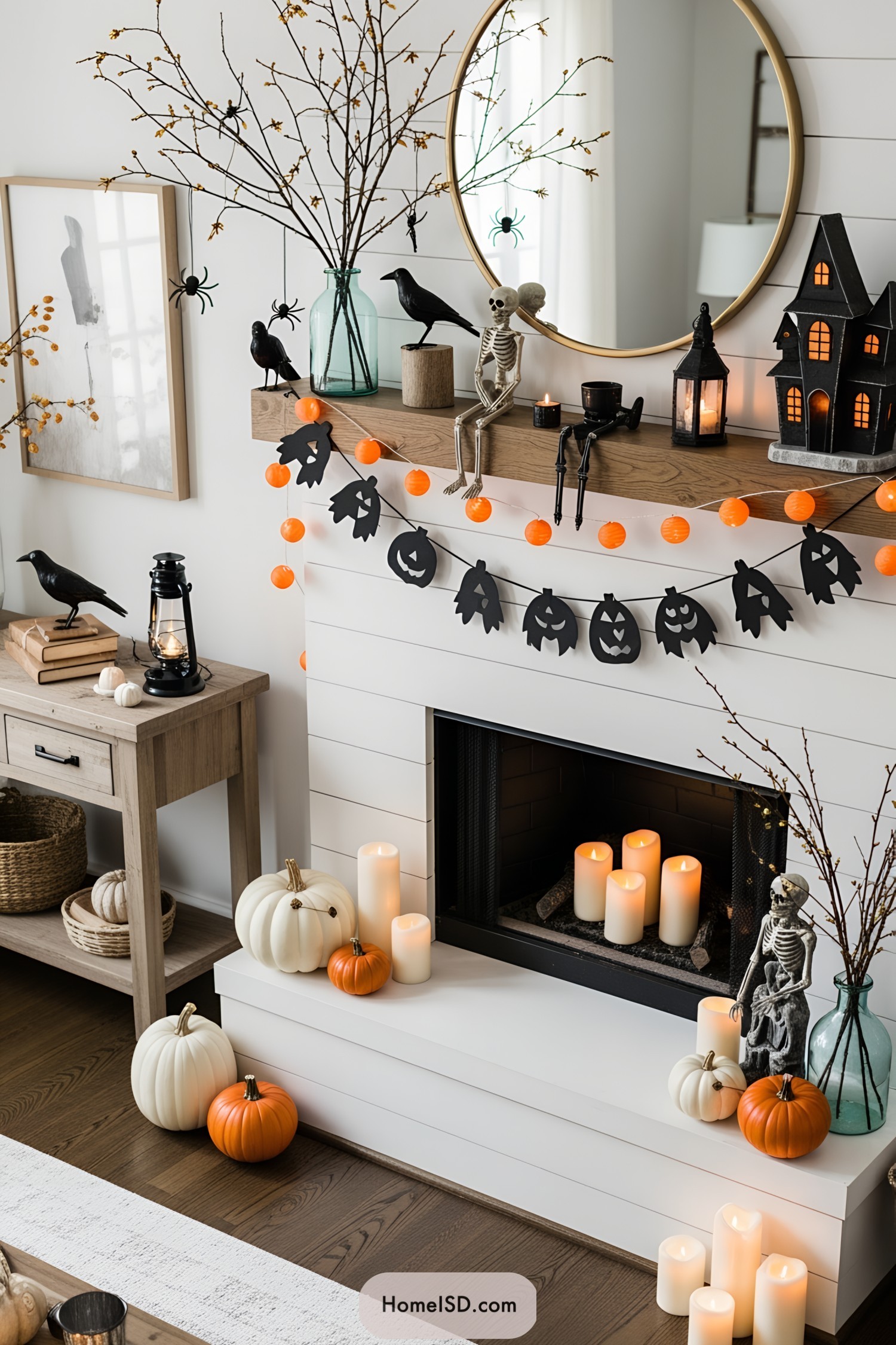 Halloween-themed fireplace with spooky decorations