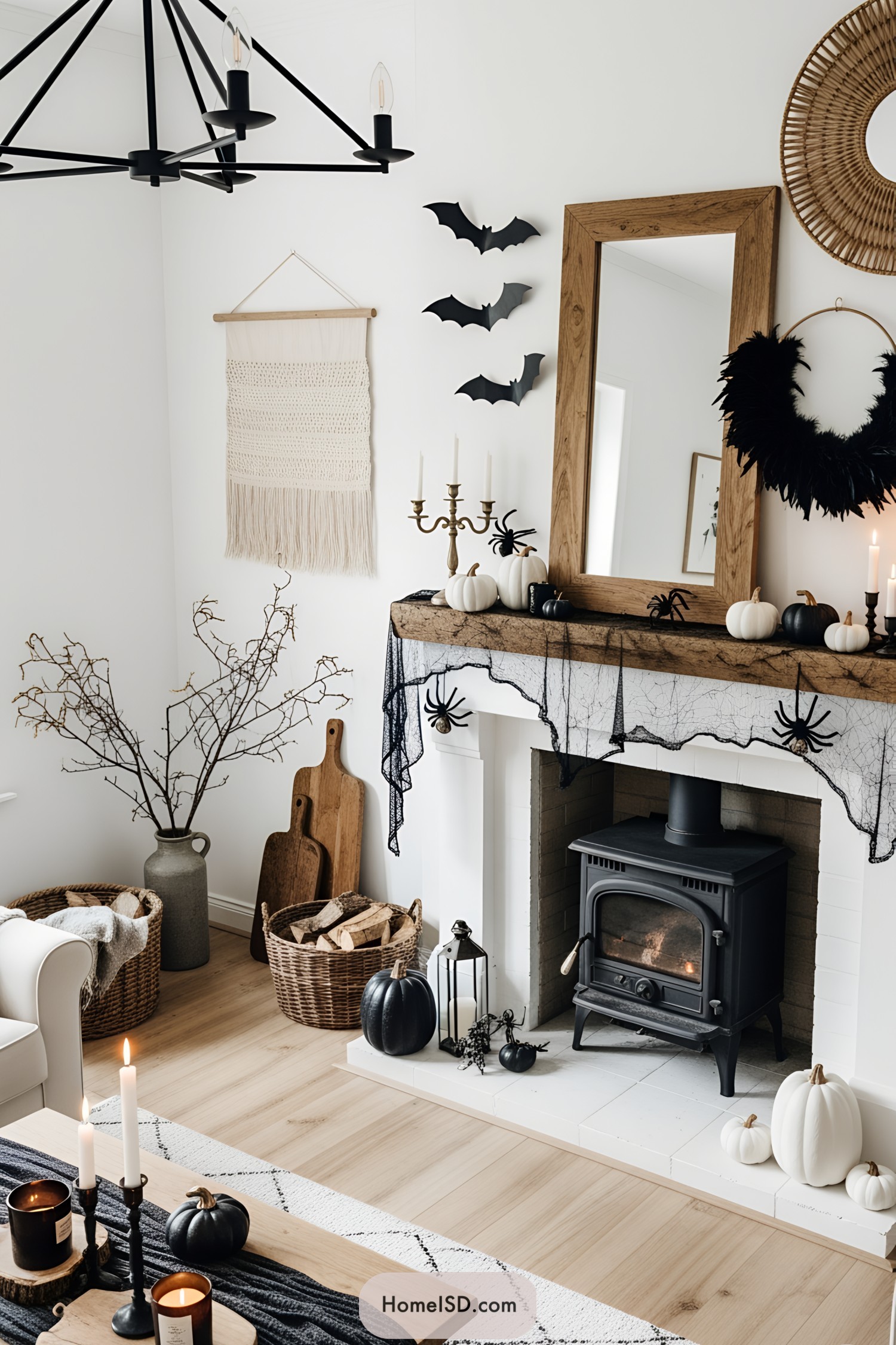 Cozy Halloween-themed fireplace with pumpkins and spider decor