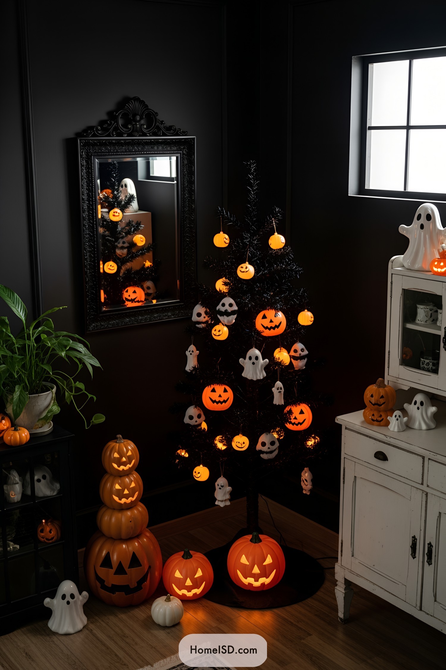 Black Halloween tree adorned with pumpkin and ghost decorations