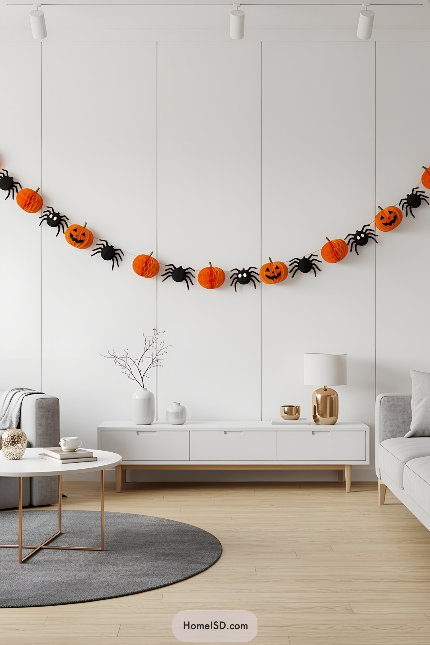 Pumpkin and spider garland draped across a modern living room wall