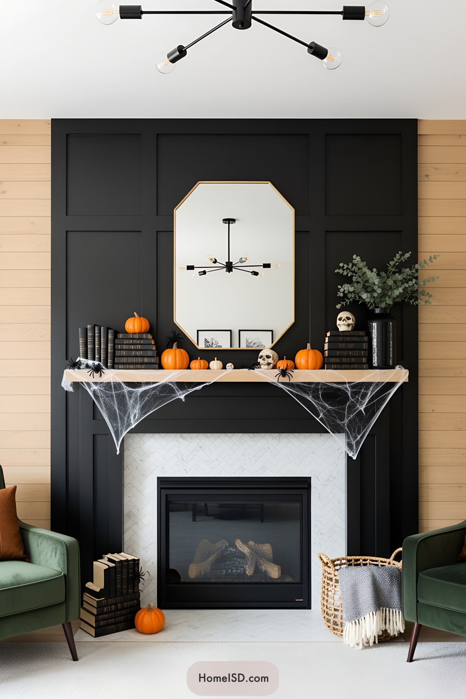 Halloween-decorated mantle with pumpkins, skulls, and cobwebs