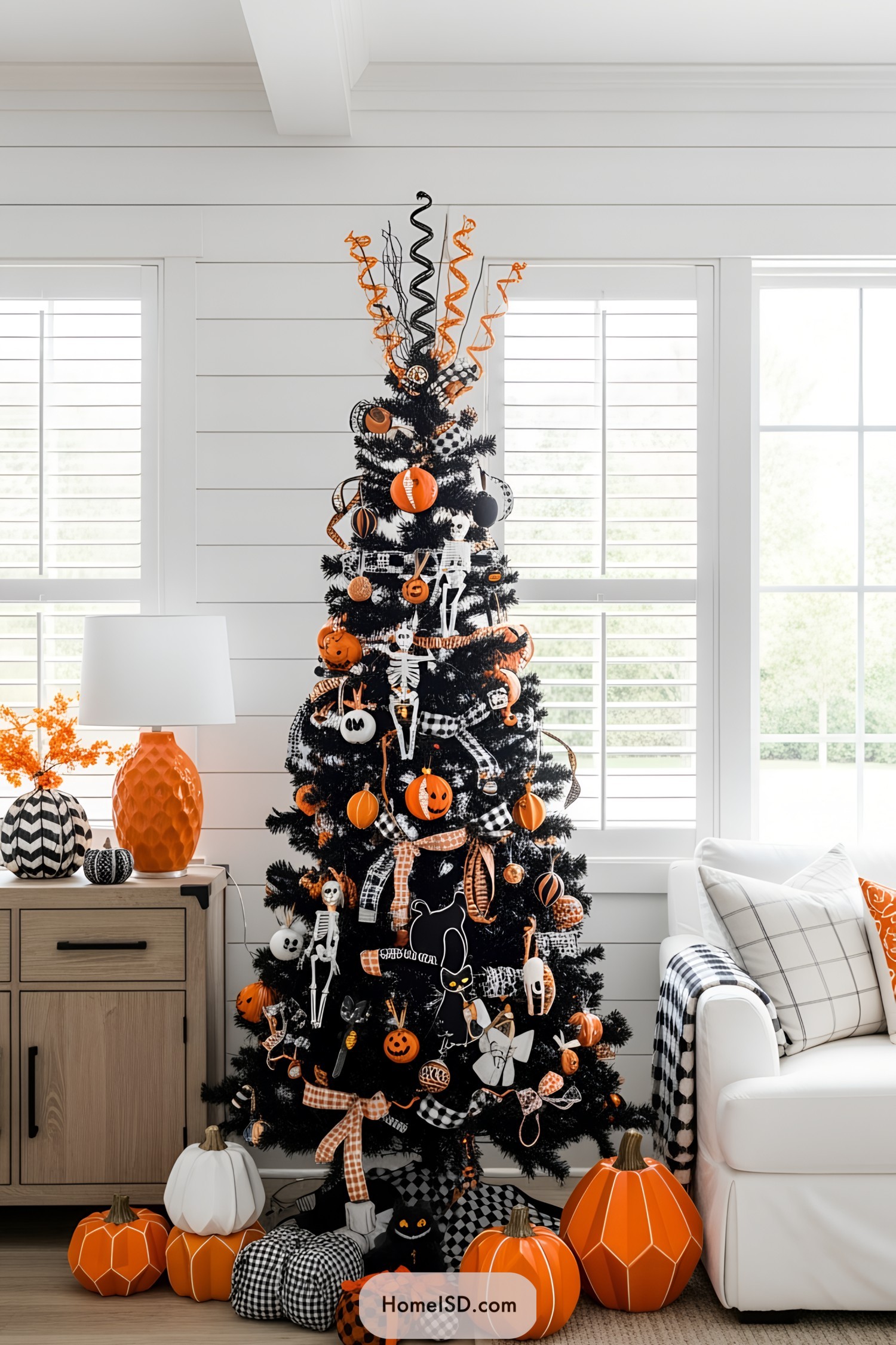 Halloween tree adorned with orange and black decorations inside a bright room