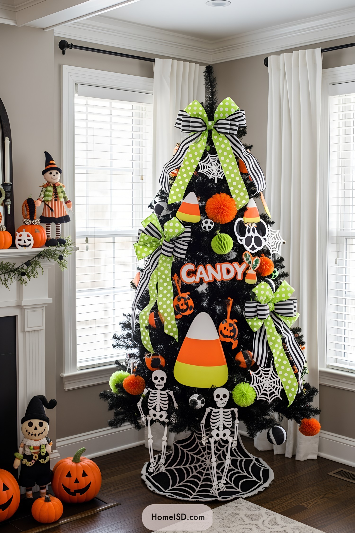 Halloween-themed tree with candy corn decorations and playful skeletons