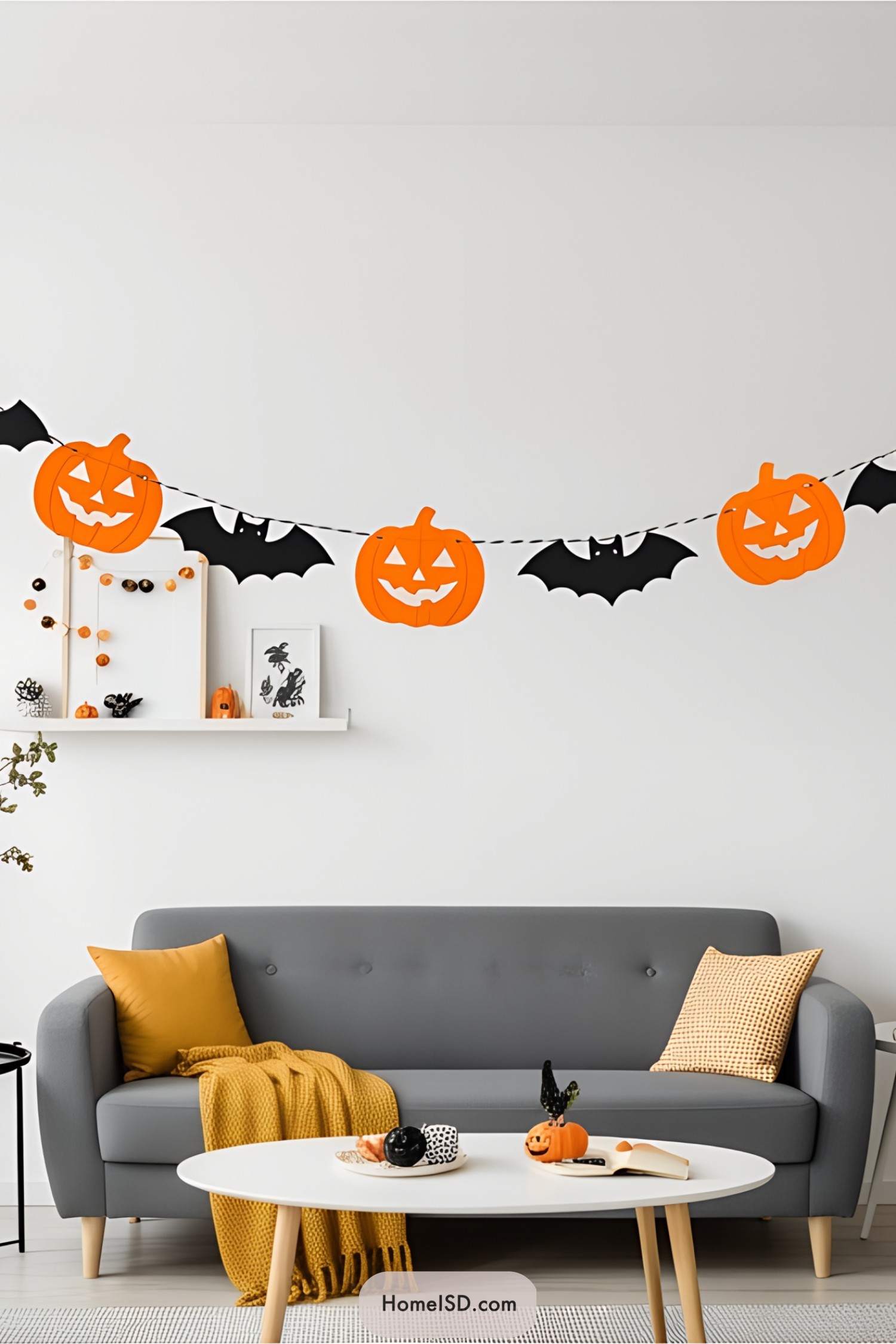 Halloween garland with jack-o'-lanterns and bats above a cozy sofa