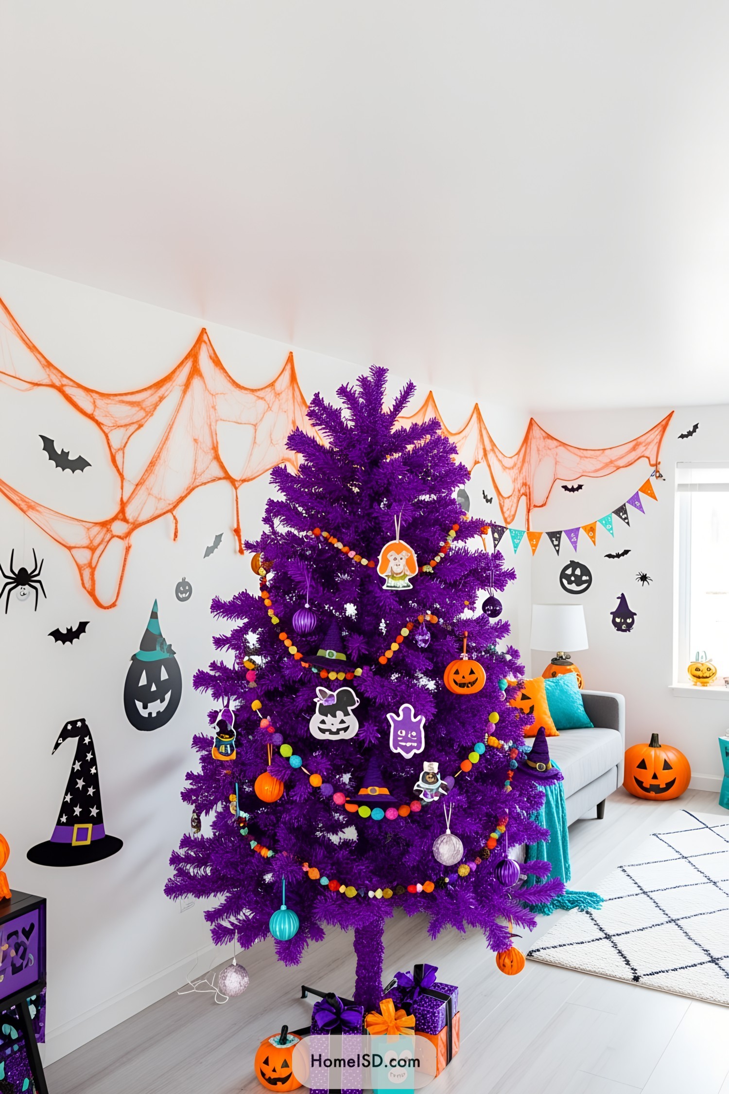 Purple Halloween tree festooned with spooky ornaments in a lively room