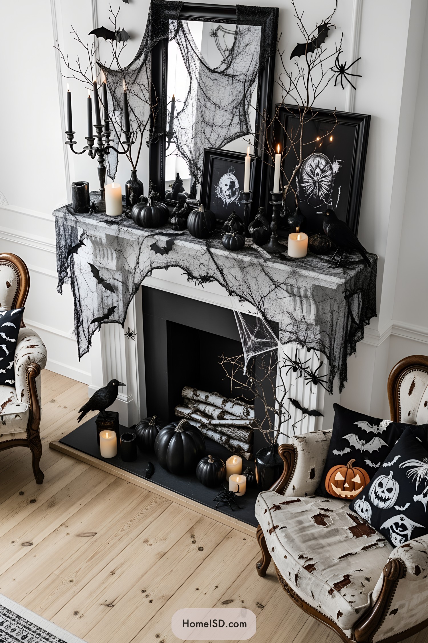 Creepy mantle with black Halloween decor and candles
