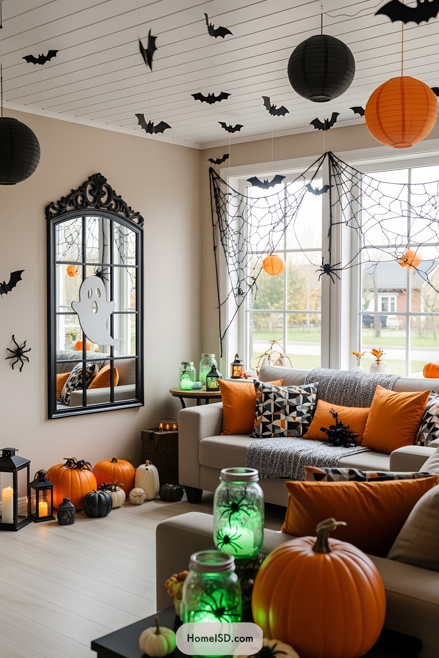 Festive Halloween-themed living room with pumpkins and bats