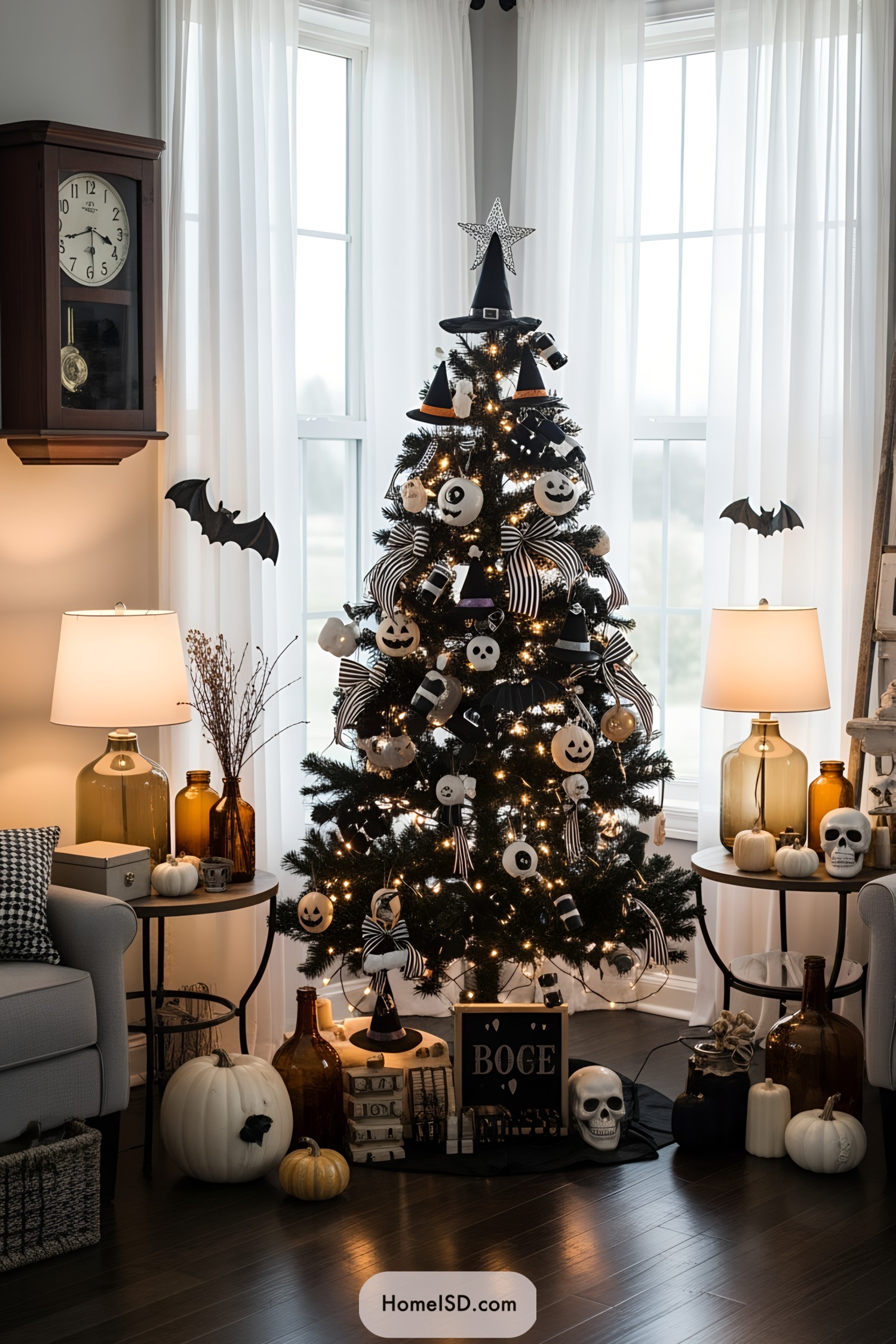 Living room with a whimsical vintage Halloween aesthetic, predominantly neutral with black and white accents. Light gray walls, large windows with sheer white curtains, and dark hardwood floors create a bright, airy backdrop. Halloween tree centerpiece decorated with black striped ribbons, witch hats, faux brooms, bat ornaments, skull motifs, and warm string lights. Old-fashioned wall clock, cream table lamps, amber glass bottles, and small pumpkin accents complete the cozy and eclectic decor. The atmosphere balances spooky and inviting, with soft illumination and nostalgic details.