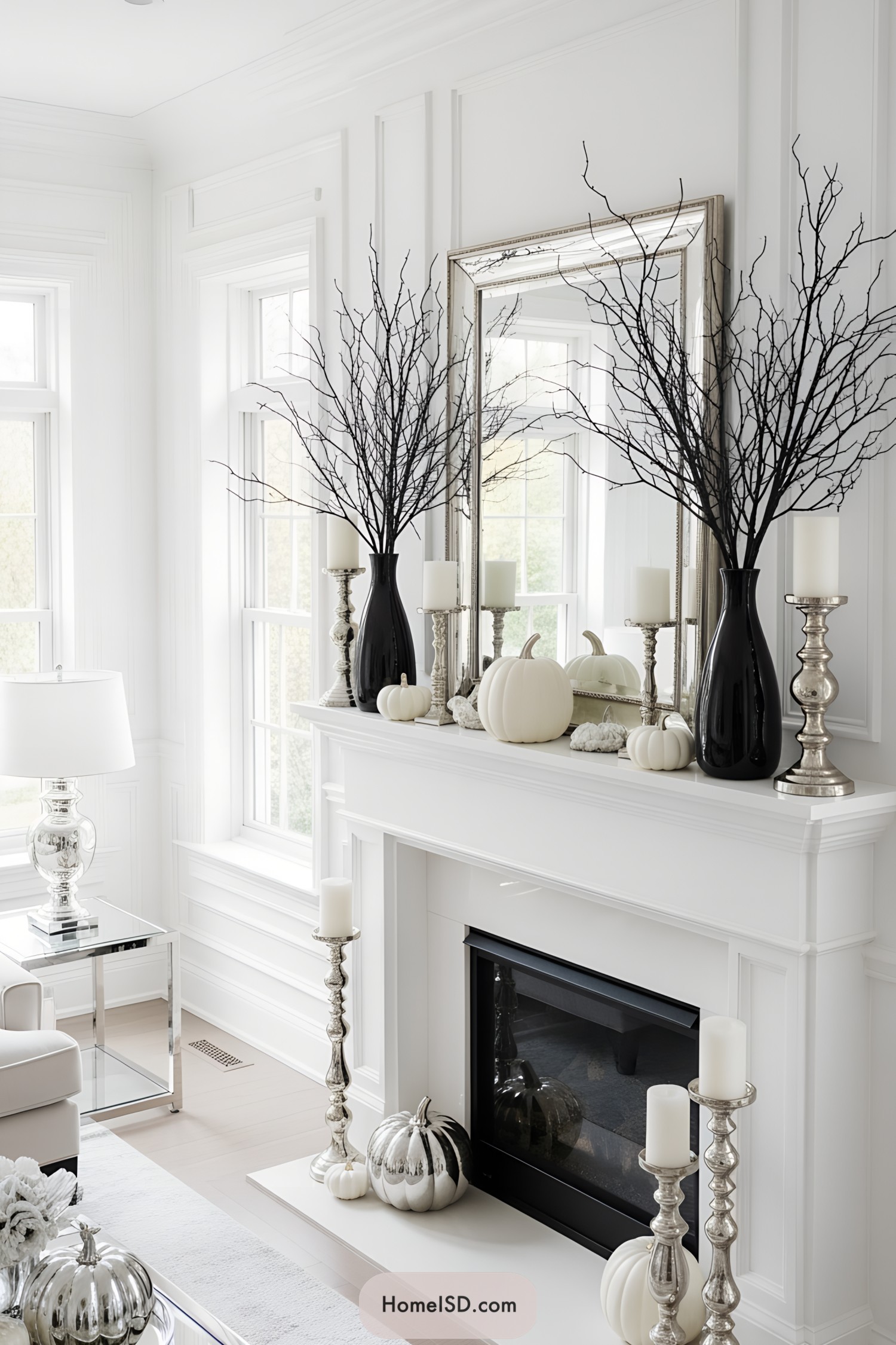 Elegant Halloween mantel with candles and white decor