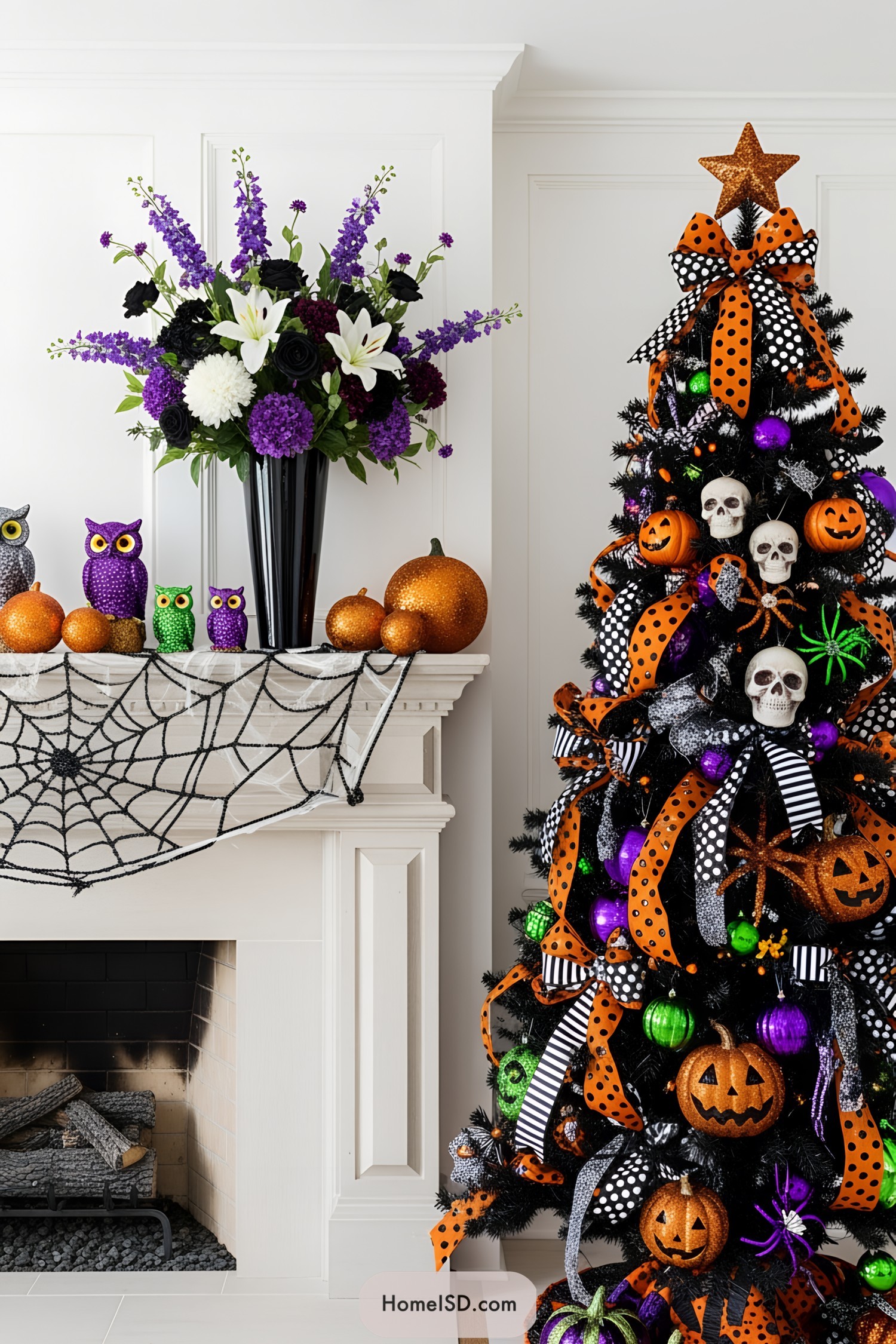 Halloween tree adorned with skulls, pumpkins, and vibrant ribbons