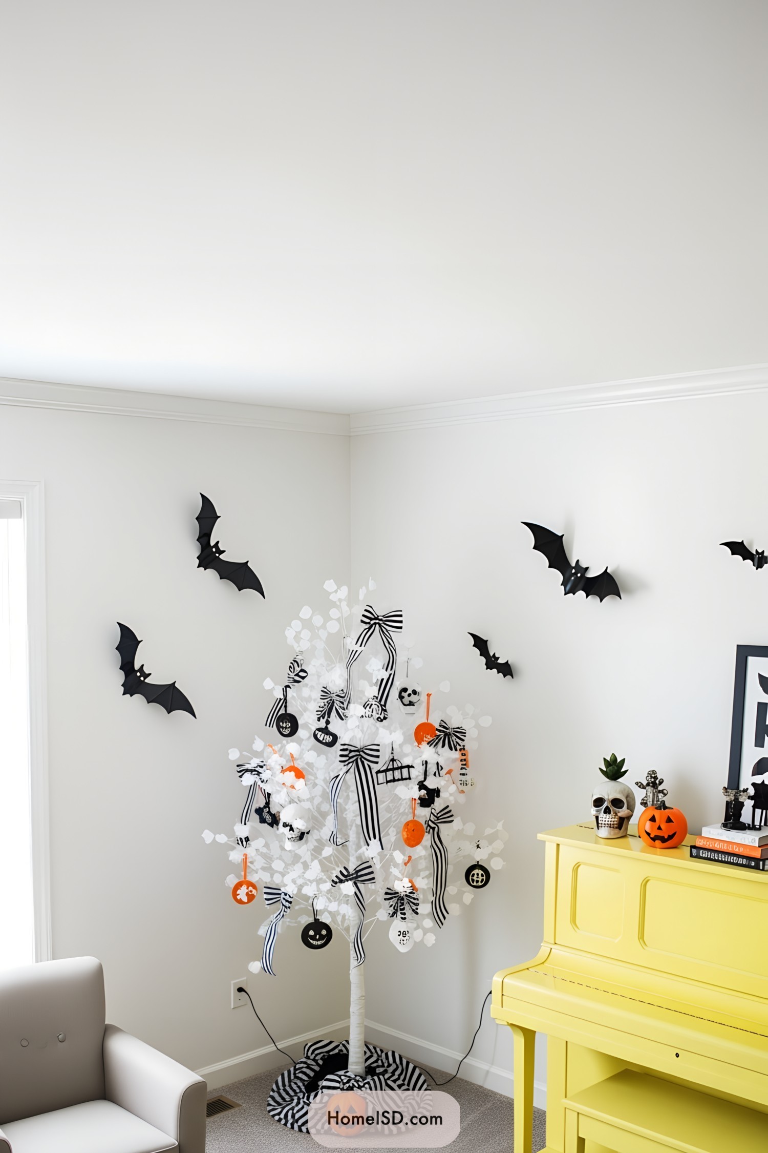 White tree with Halloween ornaments and bats on the wall